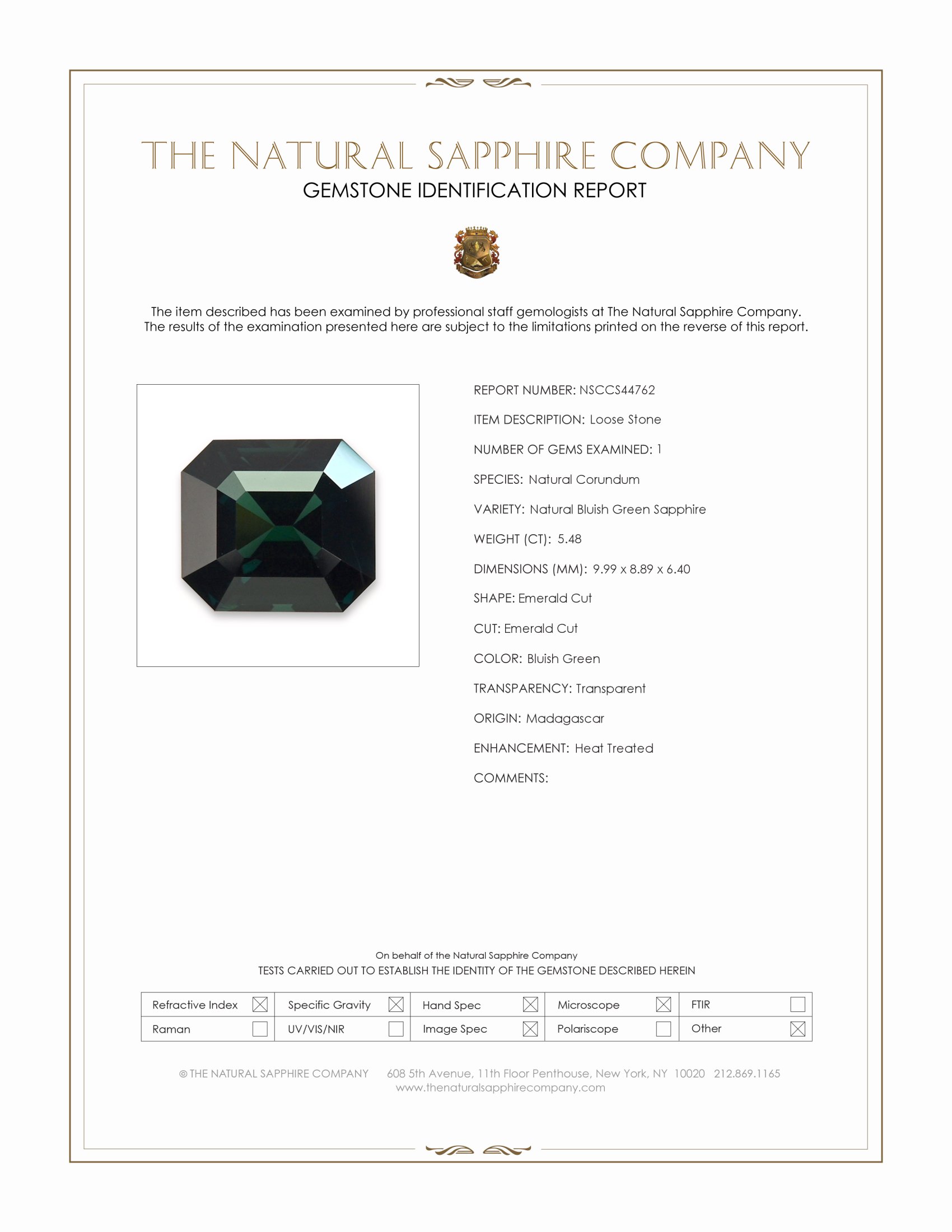 5.48 Ct. Bluish Green Sapphire from Madagascar