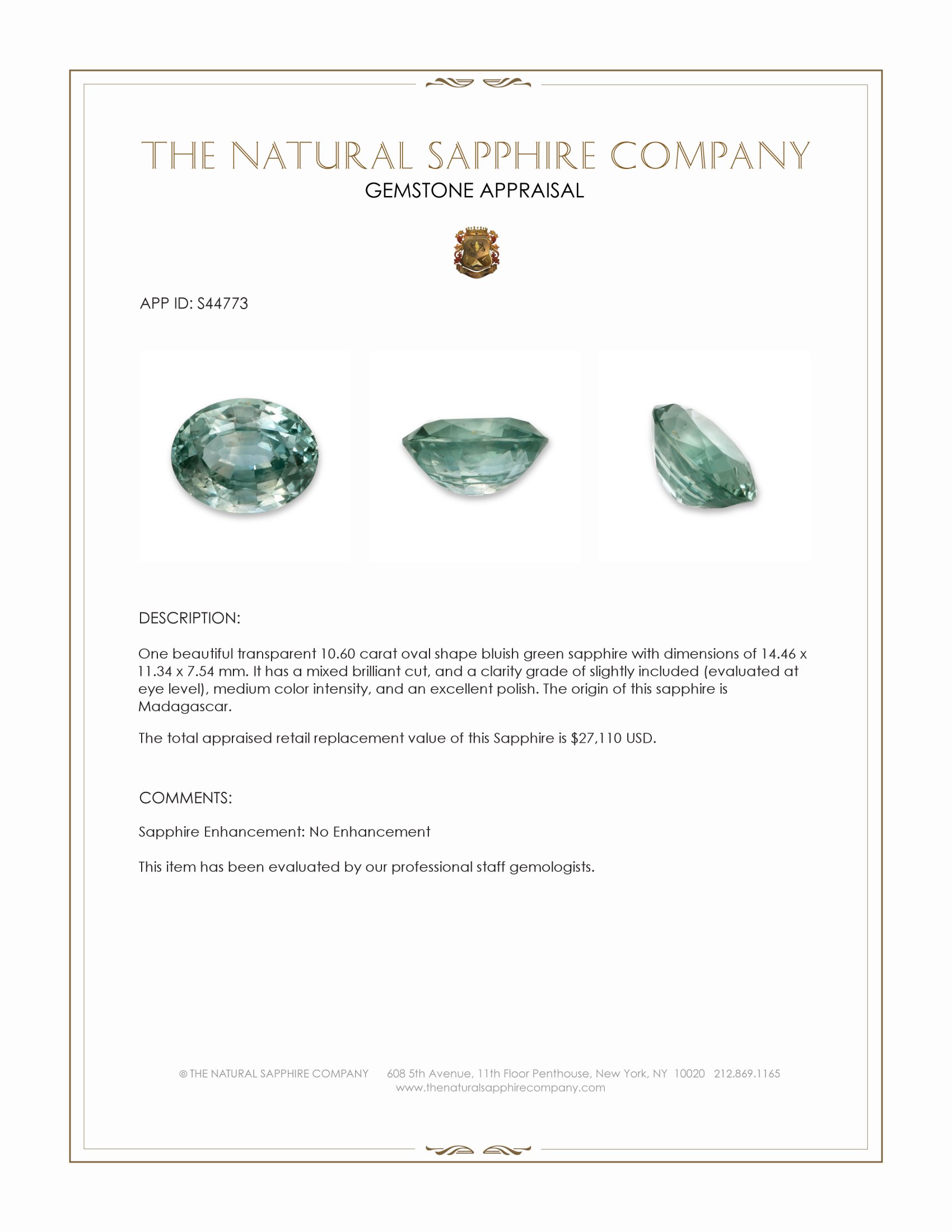 10.60 Ct. Bluish Green Sapphire from Madagascar