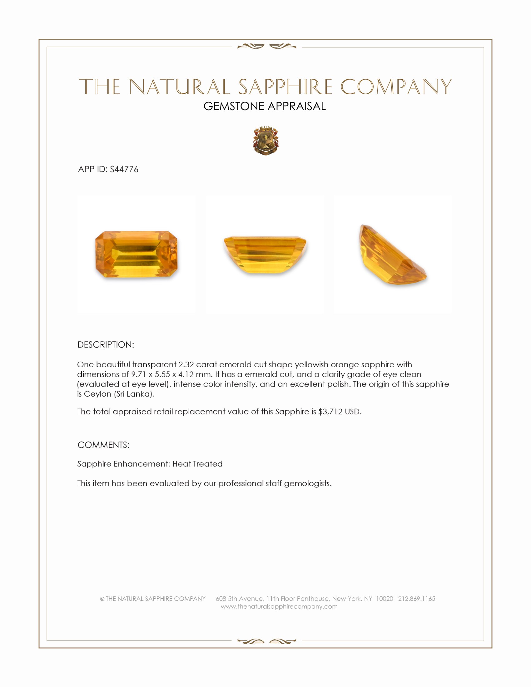 2.32 Ct. Yellowish Orange Sapphire from Ceylon (Sri Lanka)