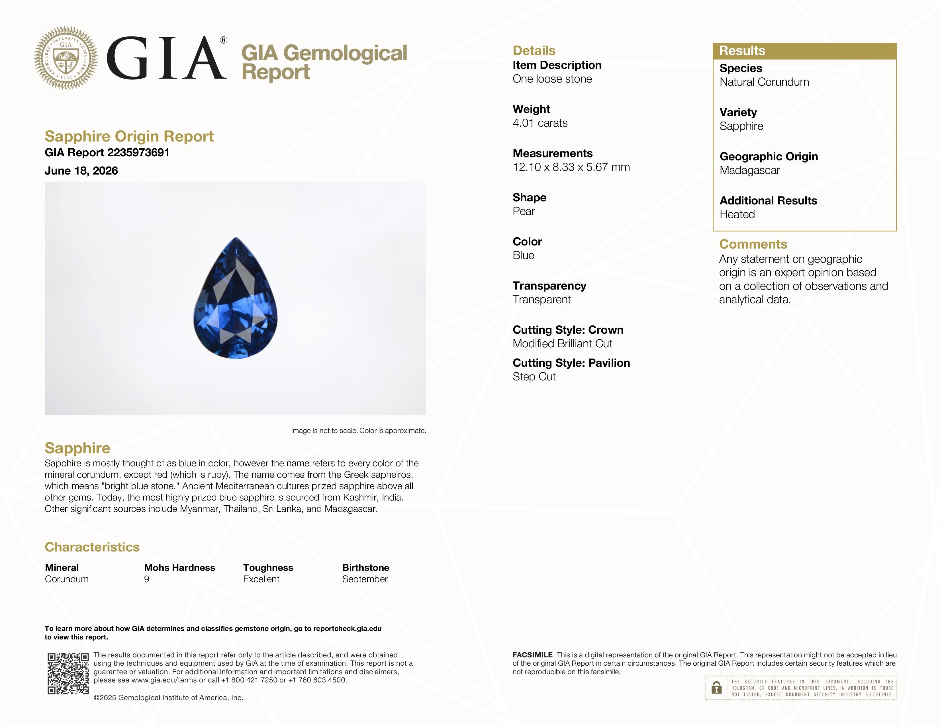 4.01 Ct. Blue Sapphire from Madagascar