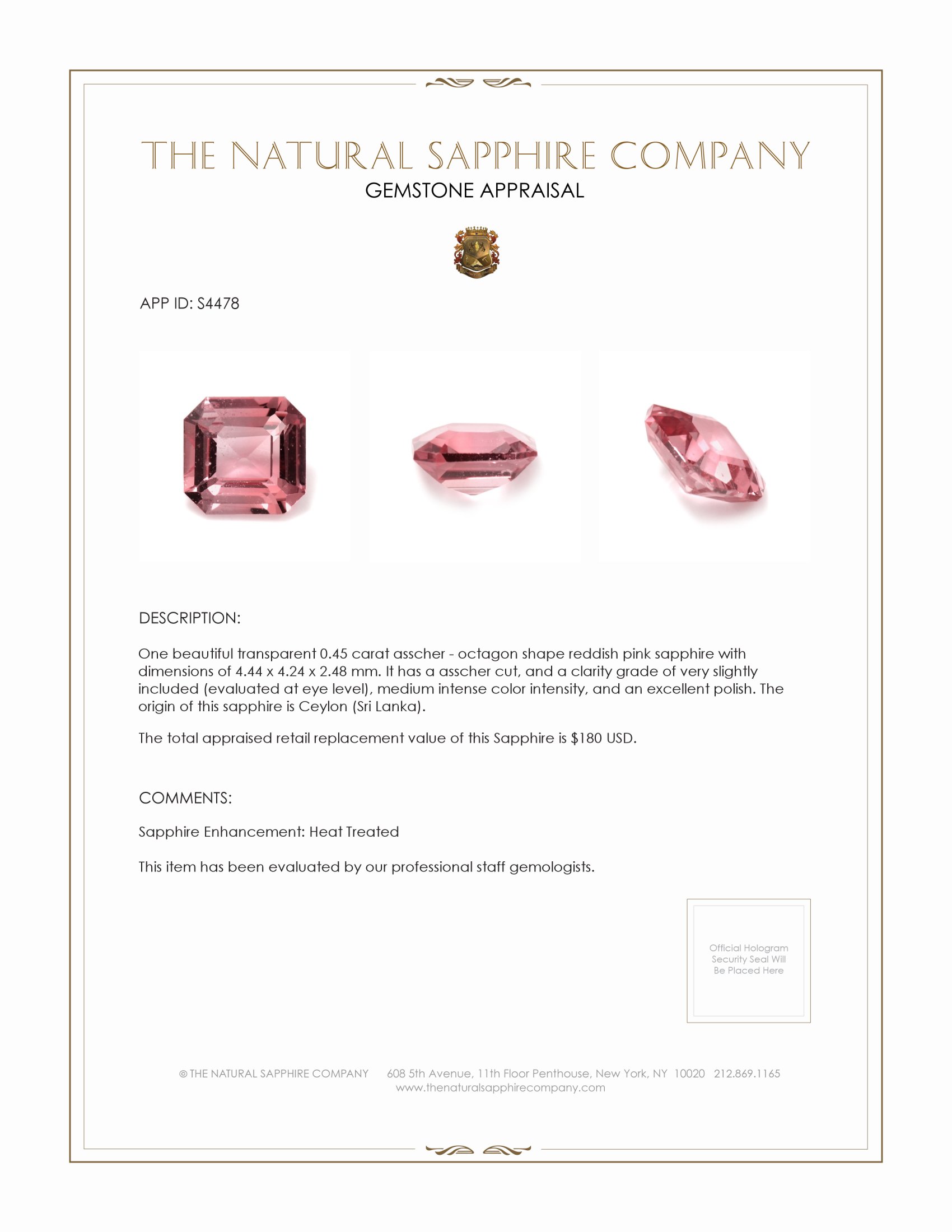 0.45 Ct. Reddish Pink Sapphire from Ceylon (Sri Lanka)