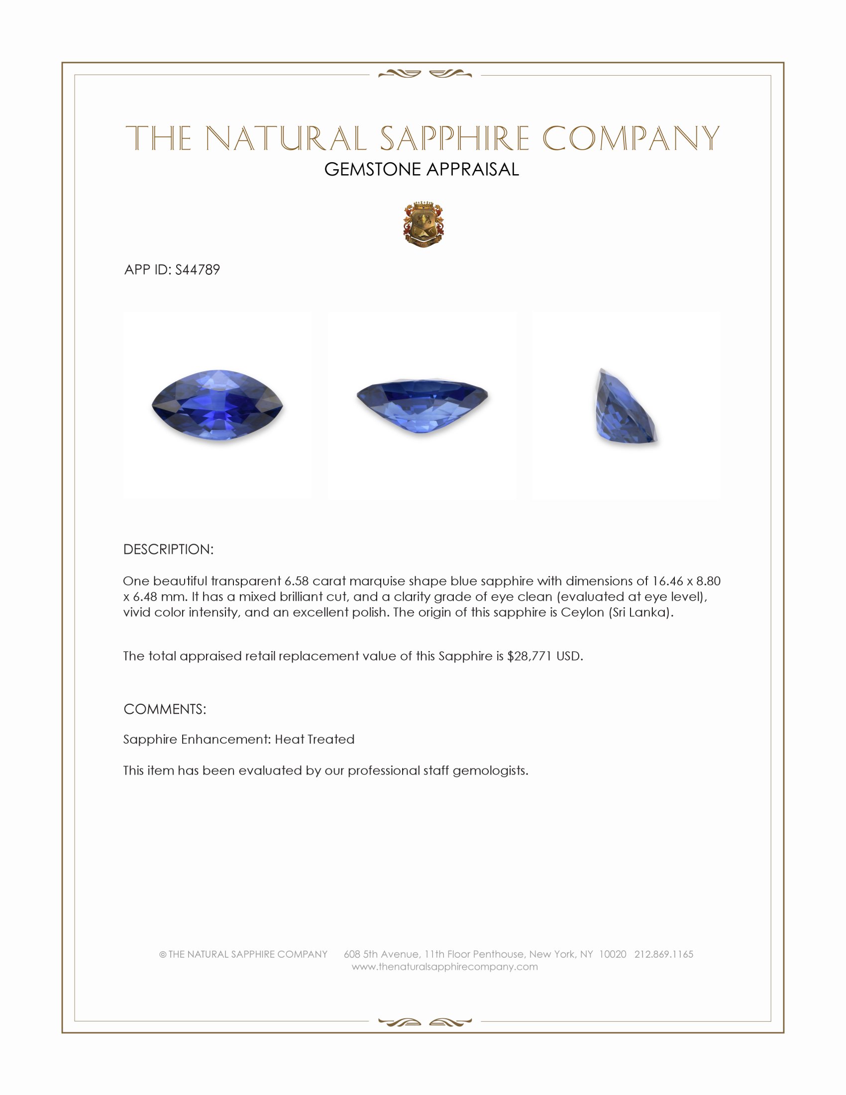 6.58 Ct. Blue Sapphire from Ceylon (Sri Lanka)