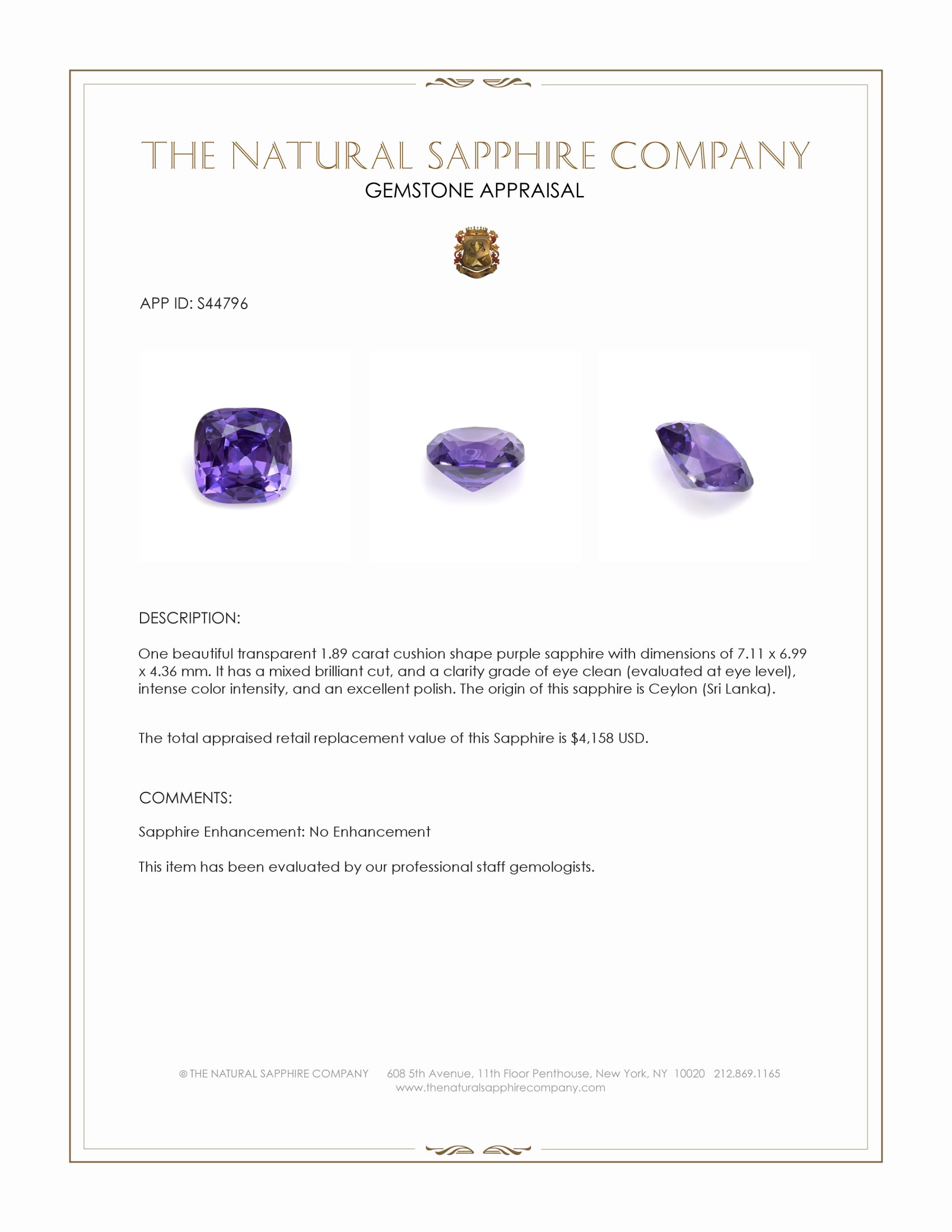 1.89 Ct. Purple Sapphire from Ceylon (Sri Lanka)