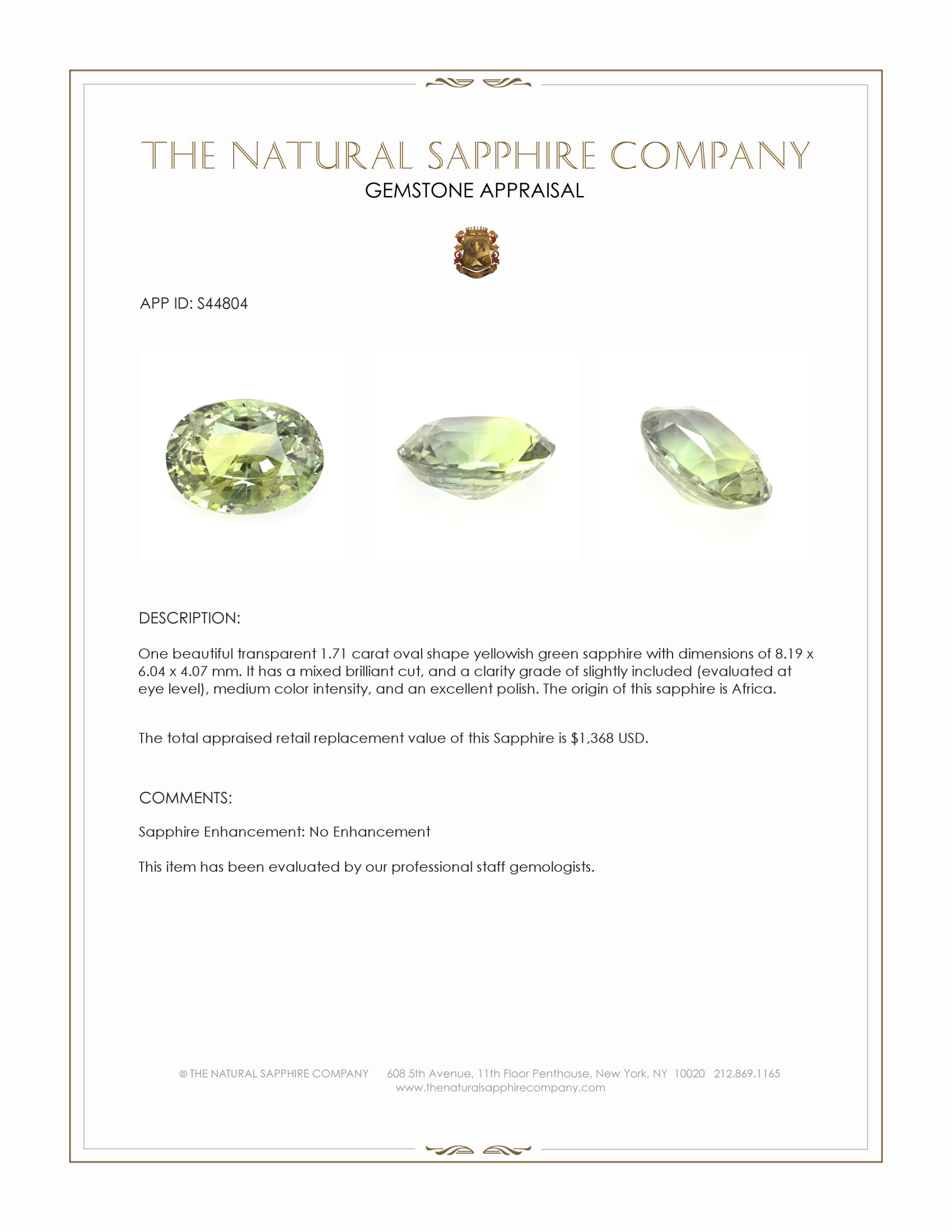 1.71 Ct. Yellowish Green Sapphire from Africa