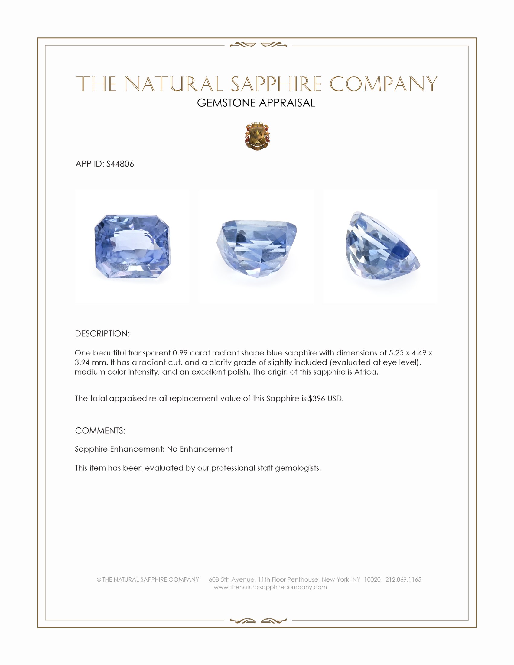 0.99 Ct. Blue Sapphire from Africa