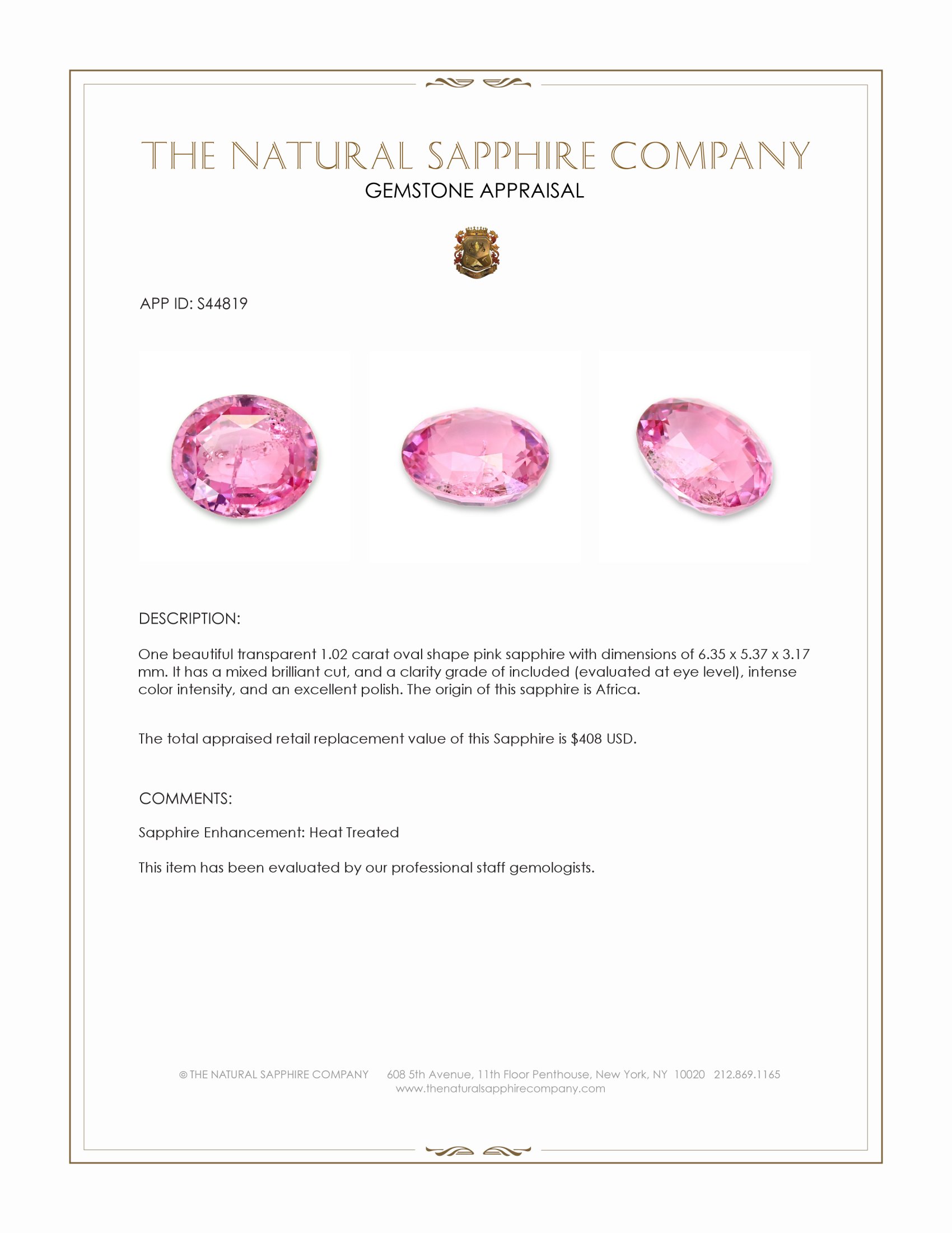 1.02 Ct. Pink Sapphire from Africa