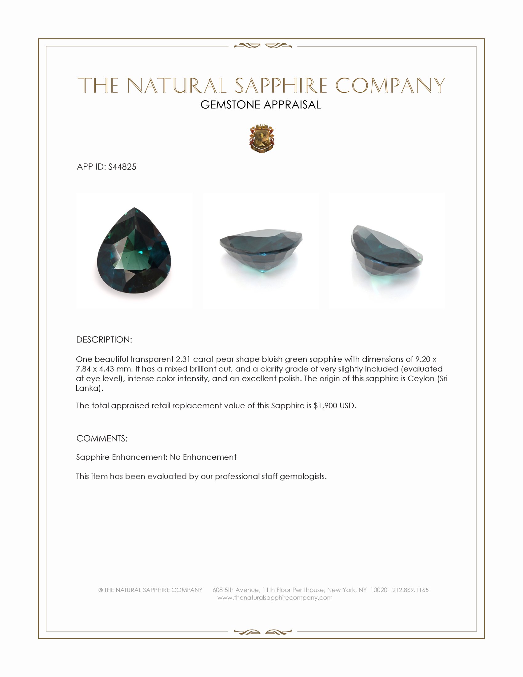 2.31 Ct. Bluish Green Sapphire from Ceylon (Sri Lanka)