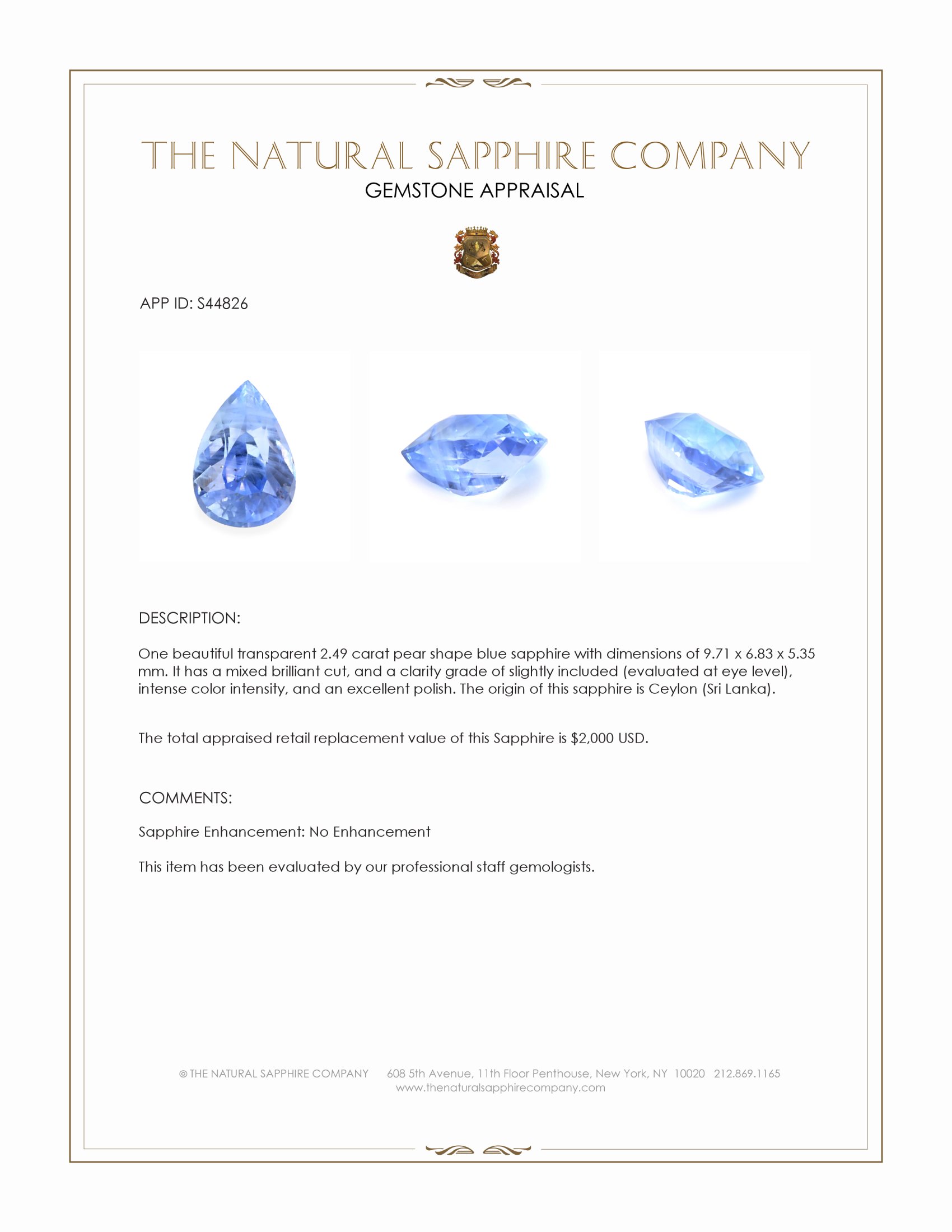 2.49 Ct. Blue Sapphire from Ceylon (Sri Lanka)