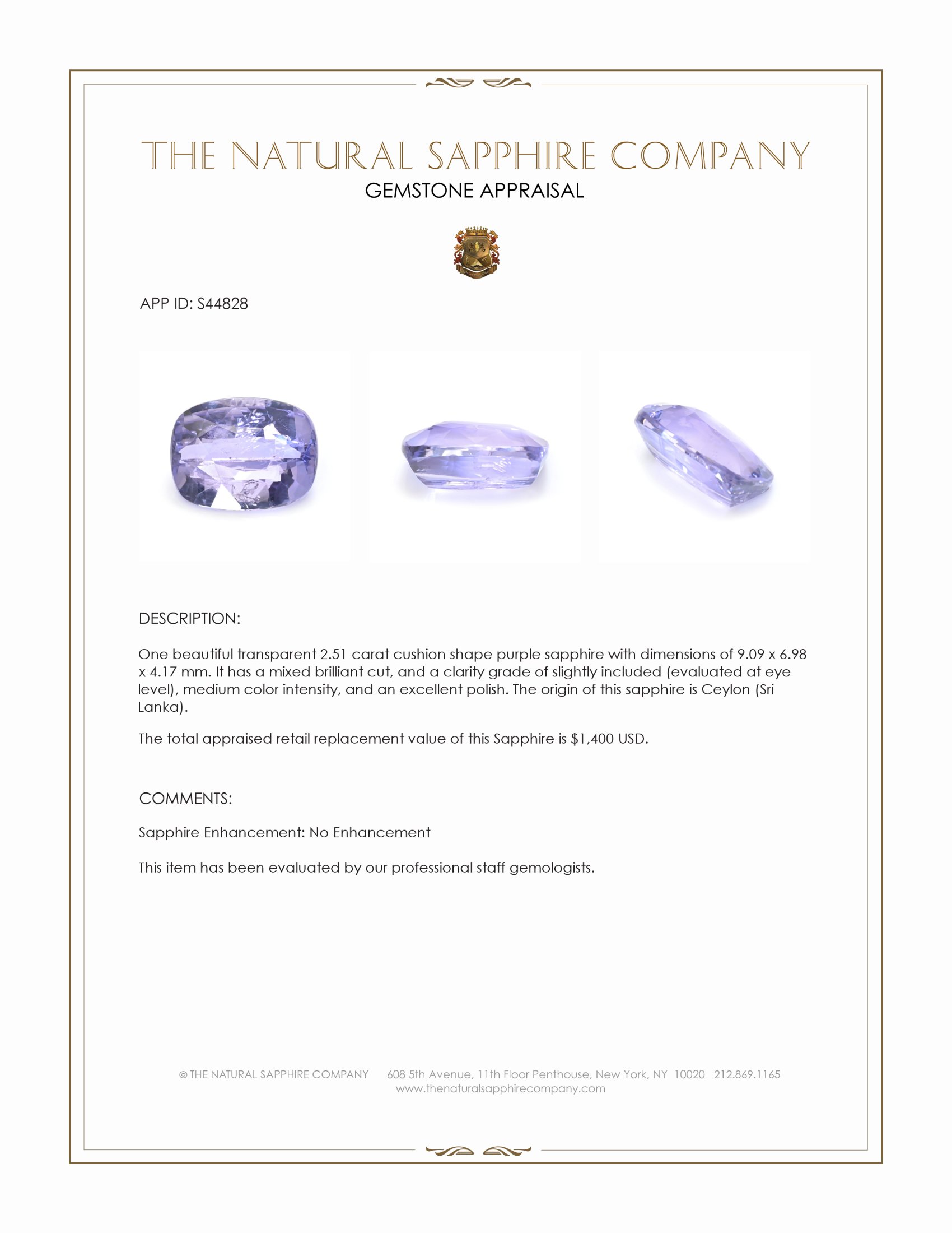 2.51 Ct. Purple Sapphire from Ceylon (Sri Lanka)