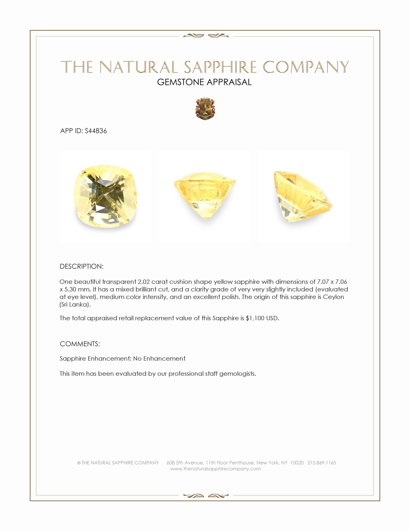 2.02 Ct. Yellow Sapphire from Ceylon (Sri Lanka)