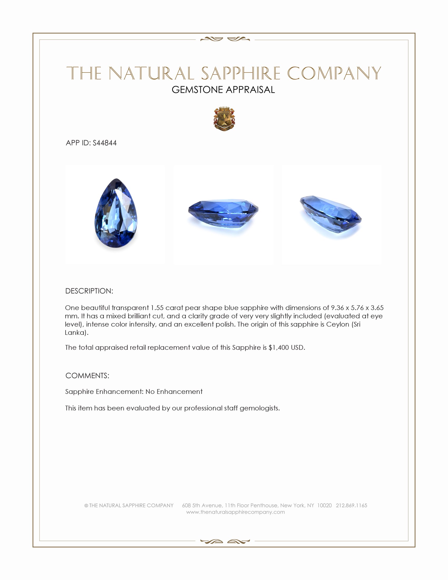 1.55 Ct. Blue Sapphire from Ceylon (Sri Lanka)