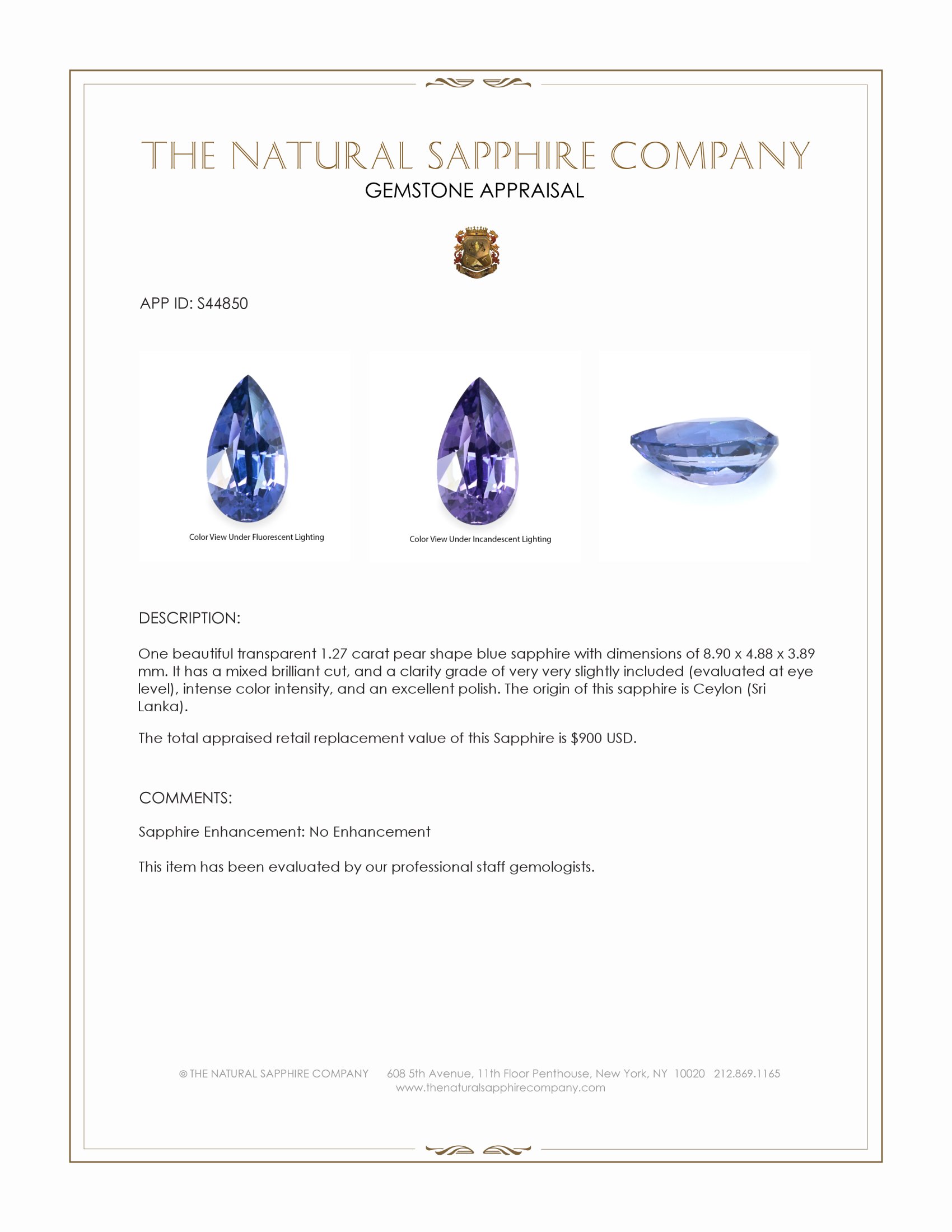 1.27 Ct. Blue Sapphire from Ceylon (Sri Lanka)