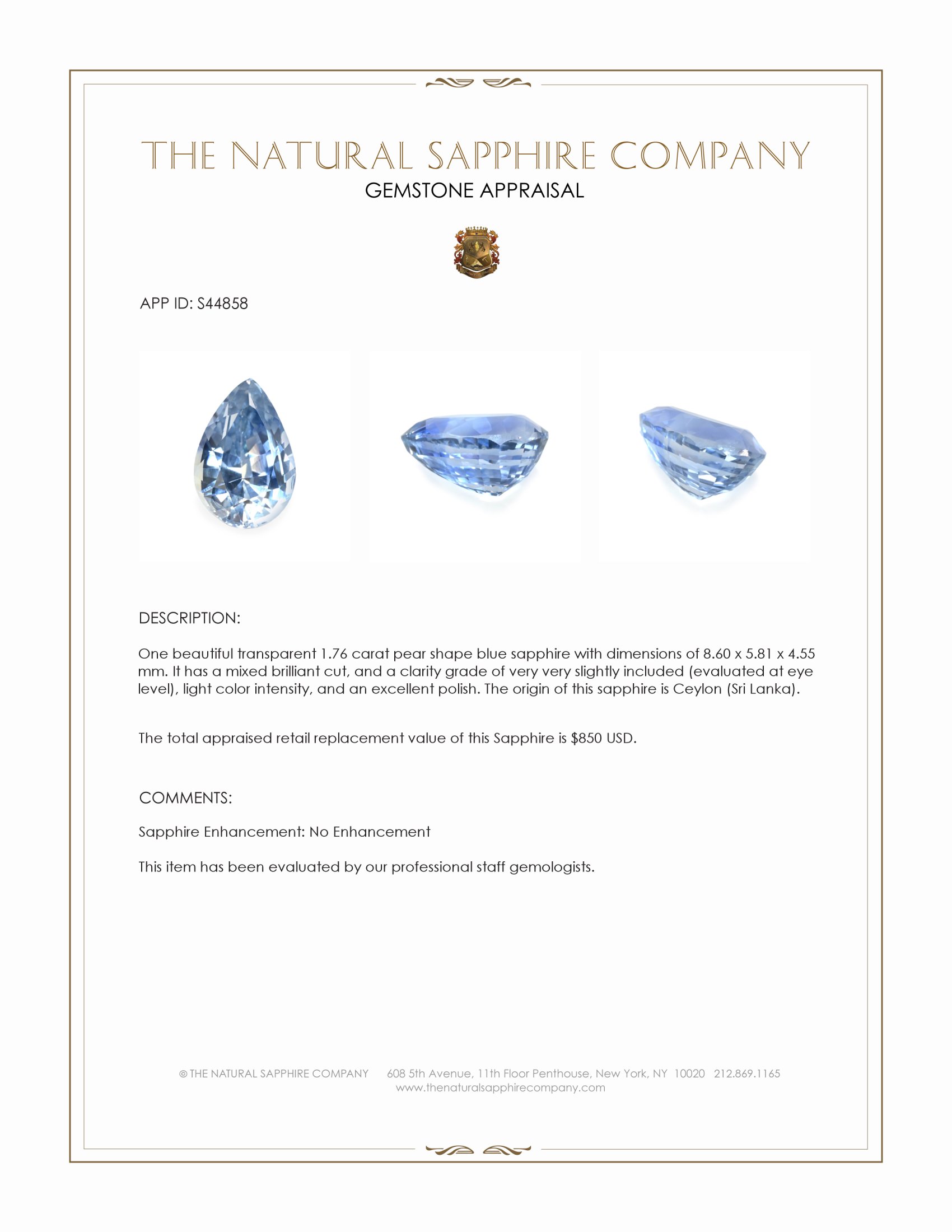 1.76 Ct. Blue Sapphire from Ceylon (Sri Lanka)