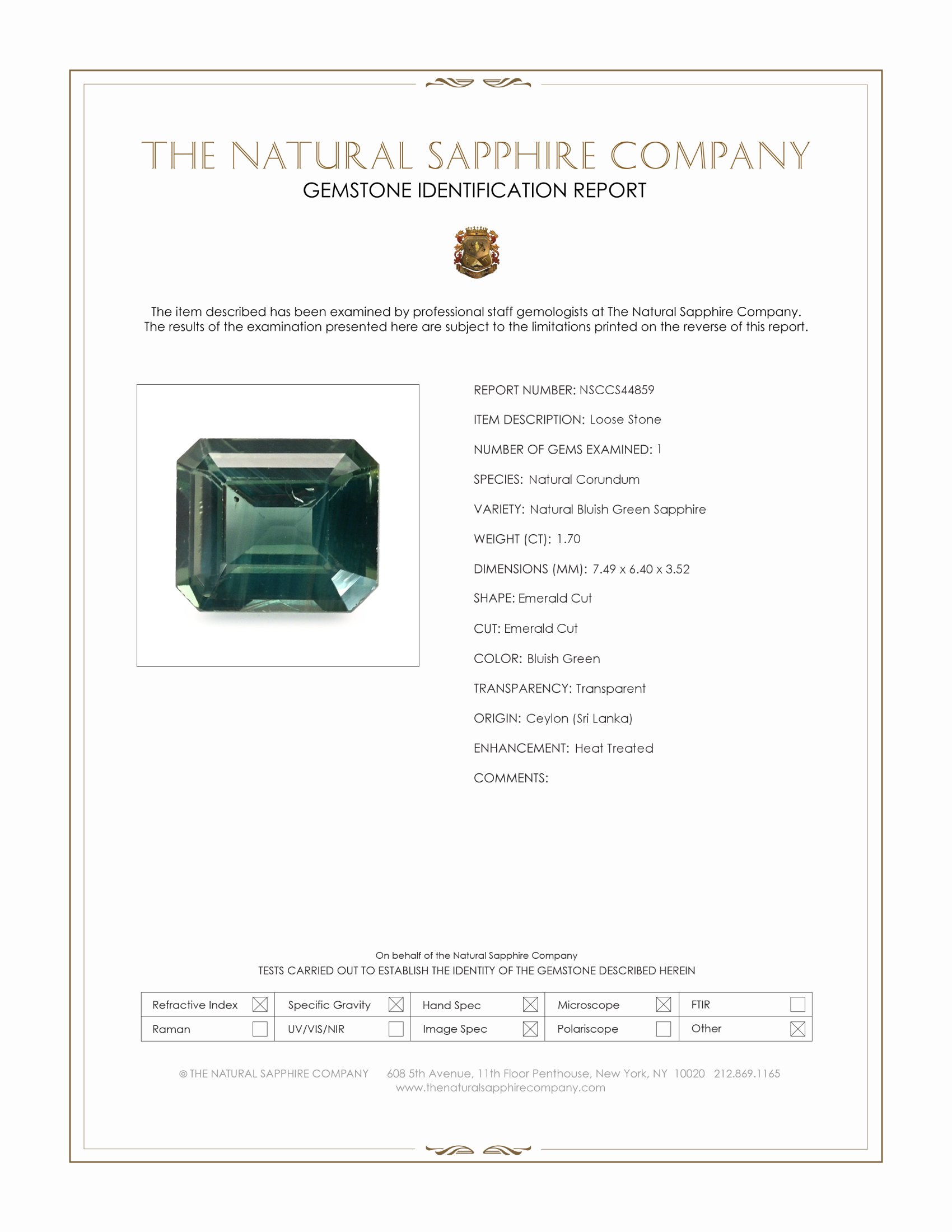 1.70 Ct. Bluish Green Sapphire from Ceylon (Sri Lanka)