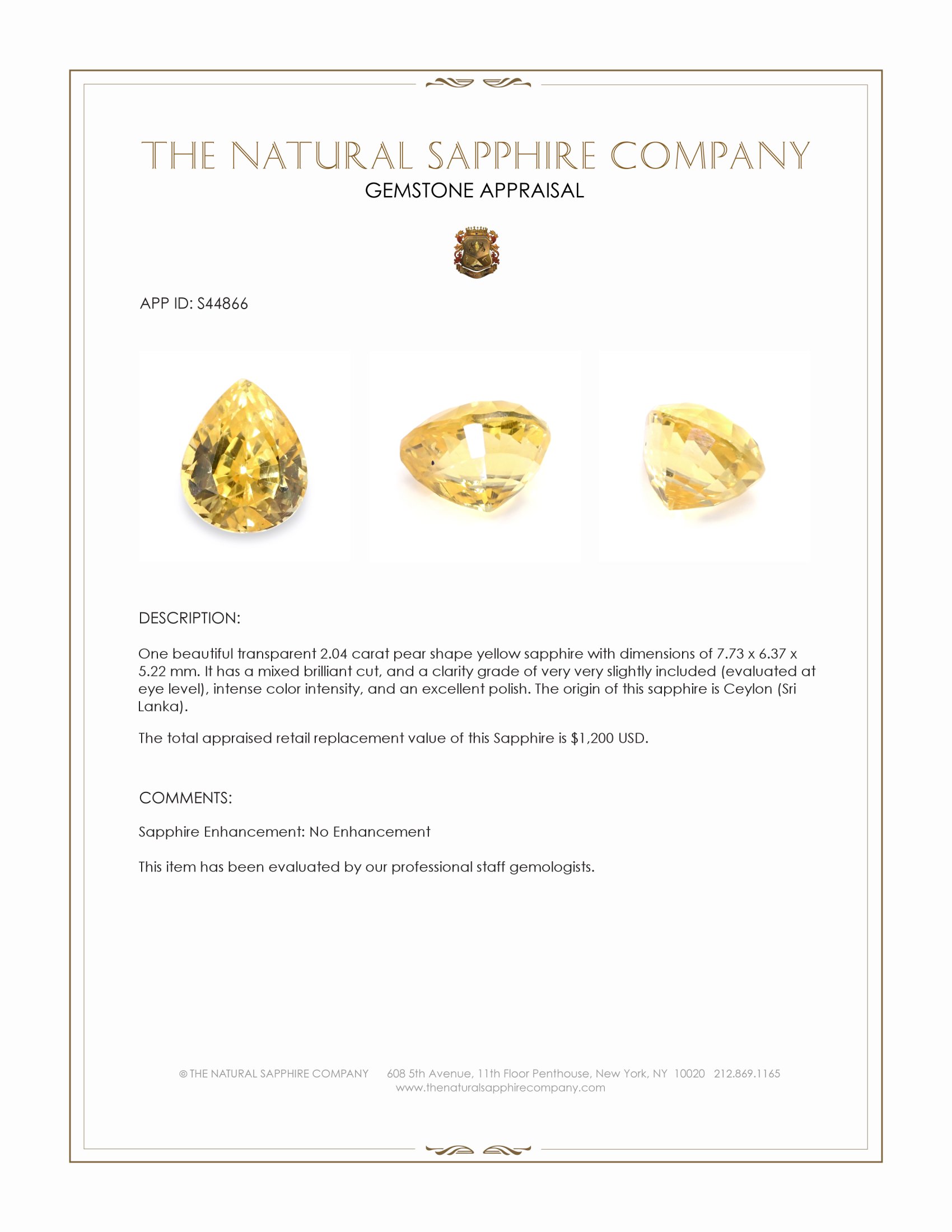 2.04 Ct. Yellow Sapphire from Ceylon (Sri Lanka)