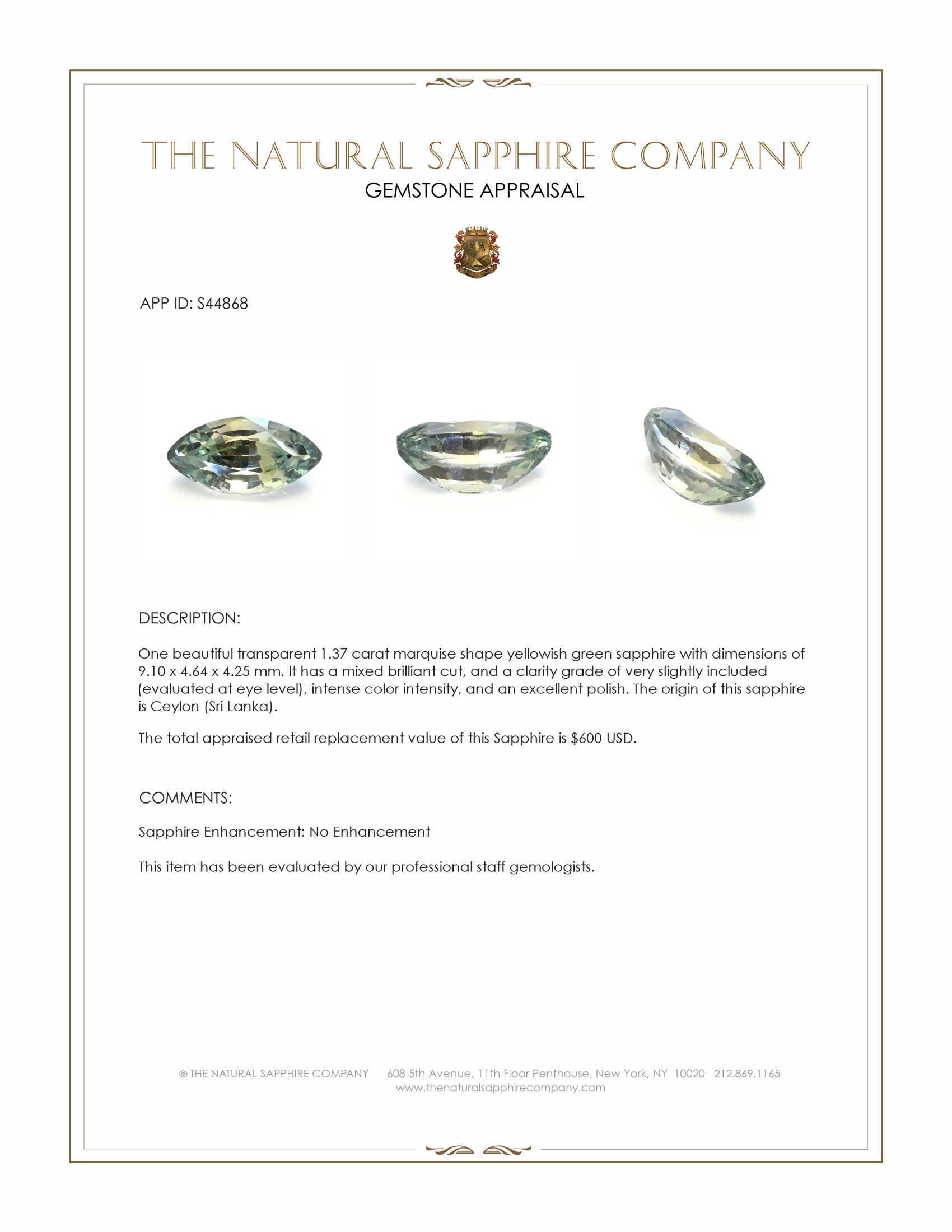 1.37 Ct. Yellowish Green Sapphire from Ceylon (Sri Lanka)