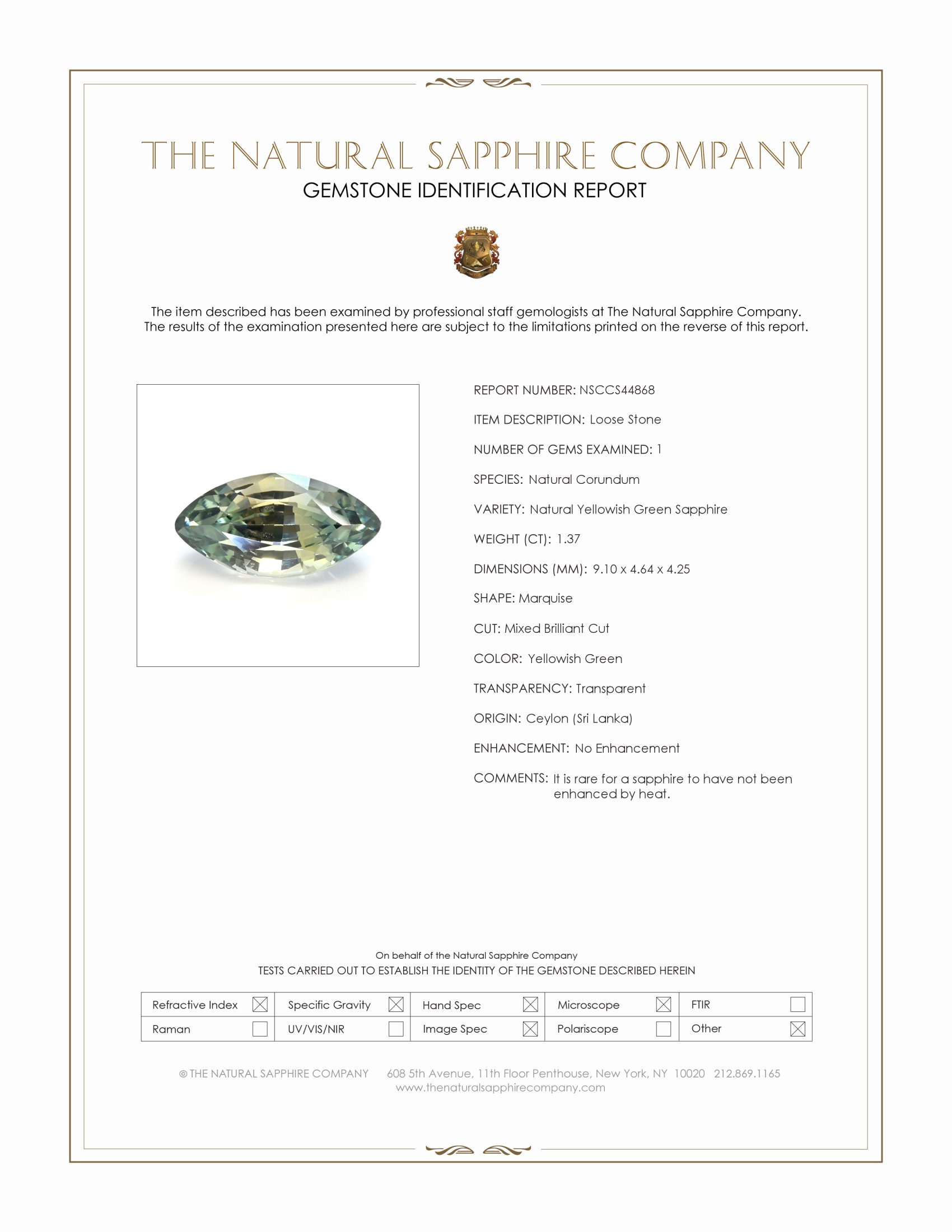 1.37 Ct. Yellowish Green Sapphire from Ceylon (Sri Lanka)