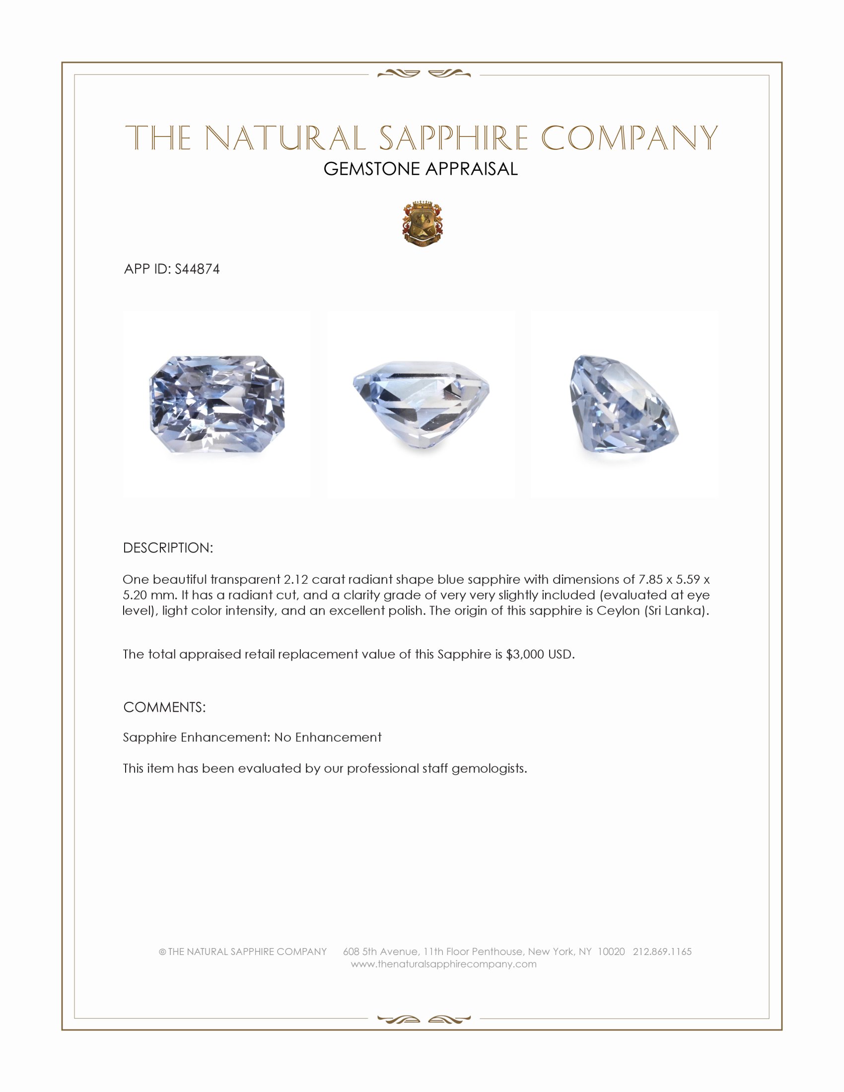 2.12 Ct. Blue Sapphire from Ceylon (Sri Lanka)
