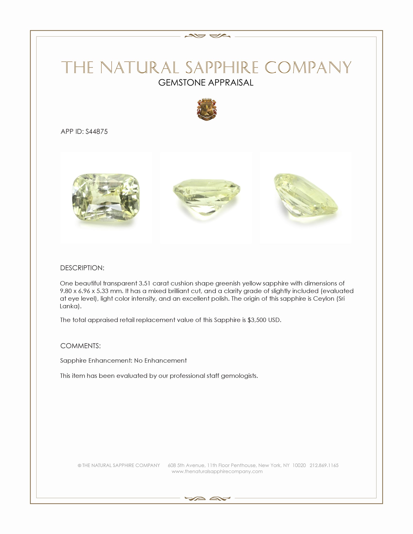 3.51 Ct. Greenish Yellow Sapphire from Ceylon (Sri Lanka)