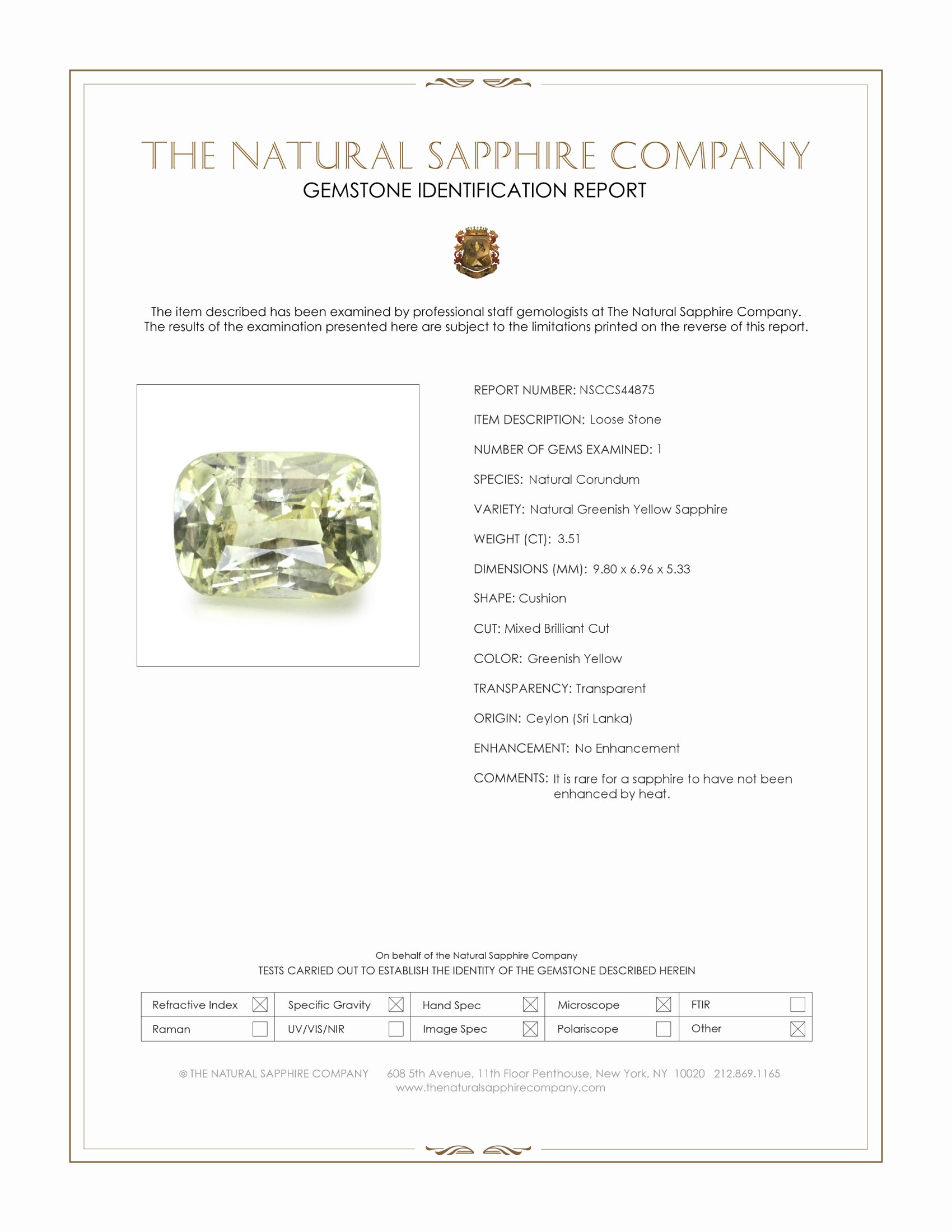 3.51 Ct. Greenish Yellow Sapphire from Ceylon (Sri Lanka)