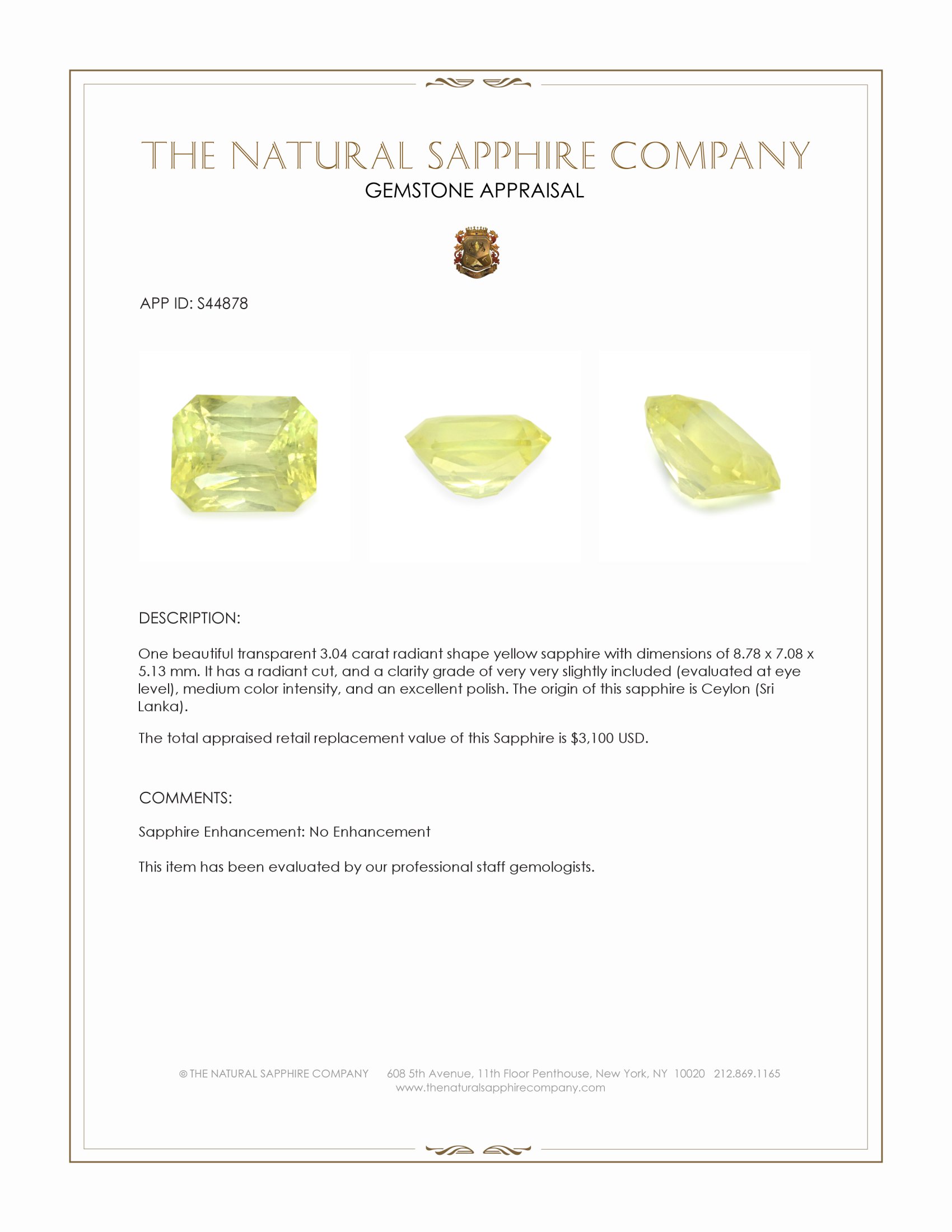 3.04 Ct. Yellow Sapphire from Ceylon (Sri Lanka)