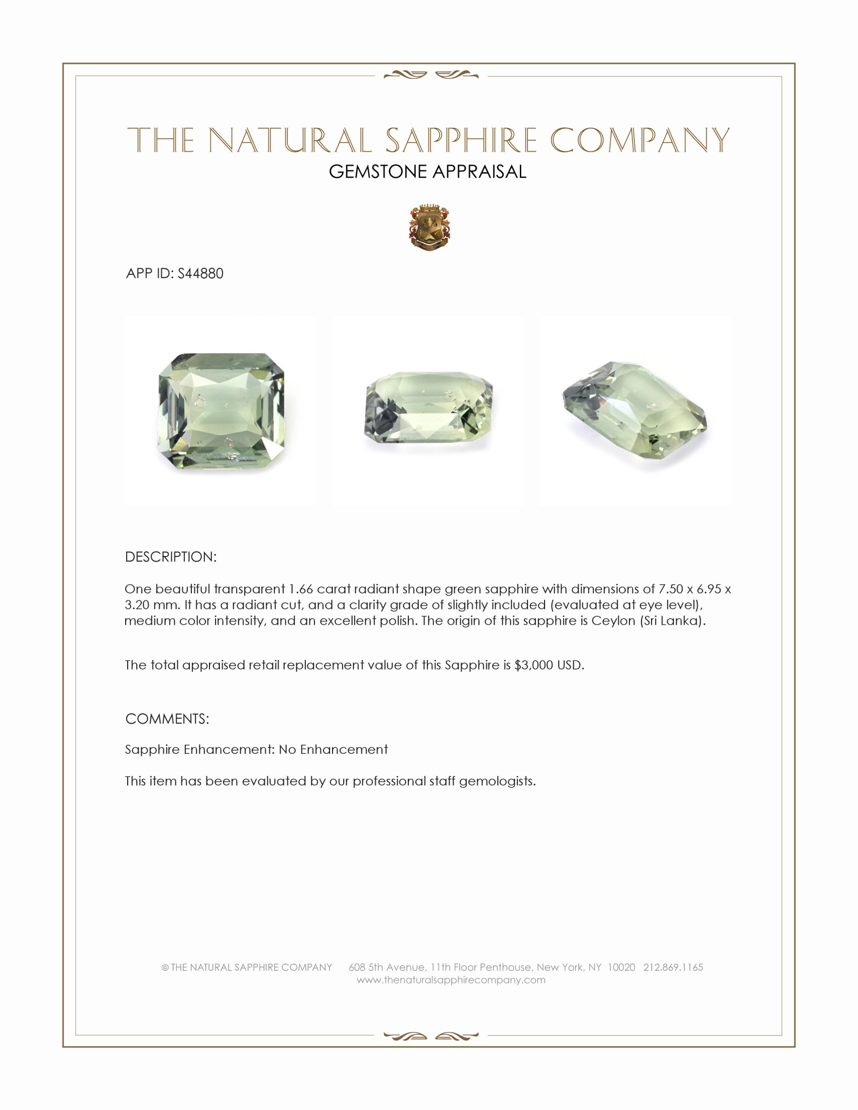 1.66 Ct. Green Sapphire from Ceylon (Sri Lanka)