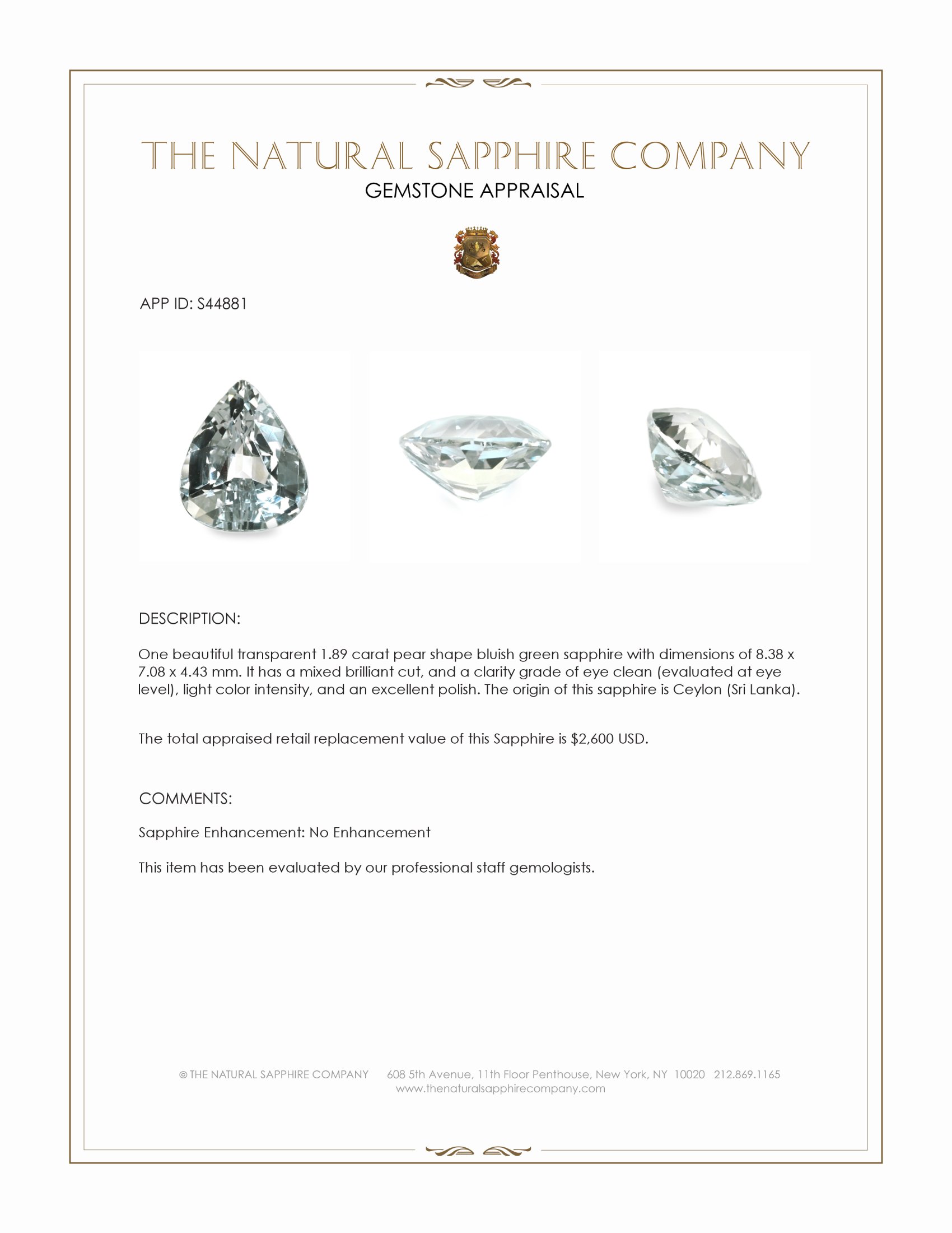 1.89 Ct. Bluish Green Sapphire from Ceylon (Sri Lanka)