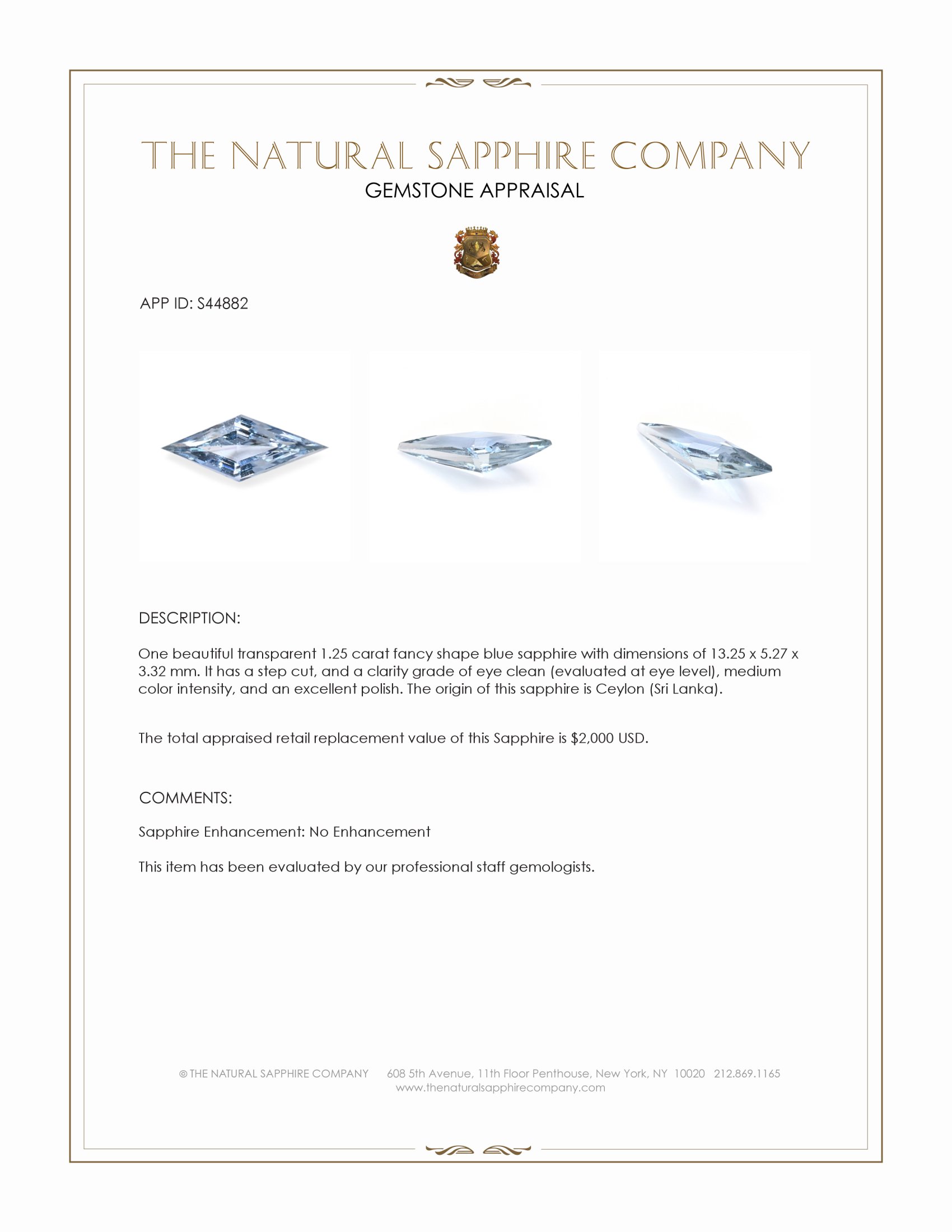 1.25 Ct. Blue Sapphire from Ceylon (Sri Lanka)