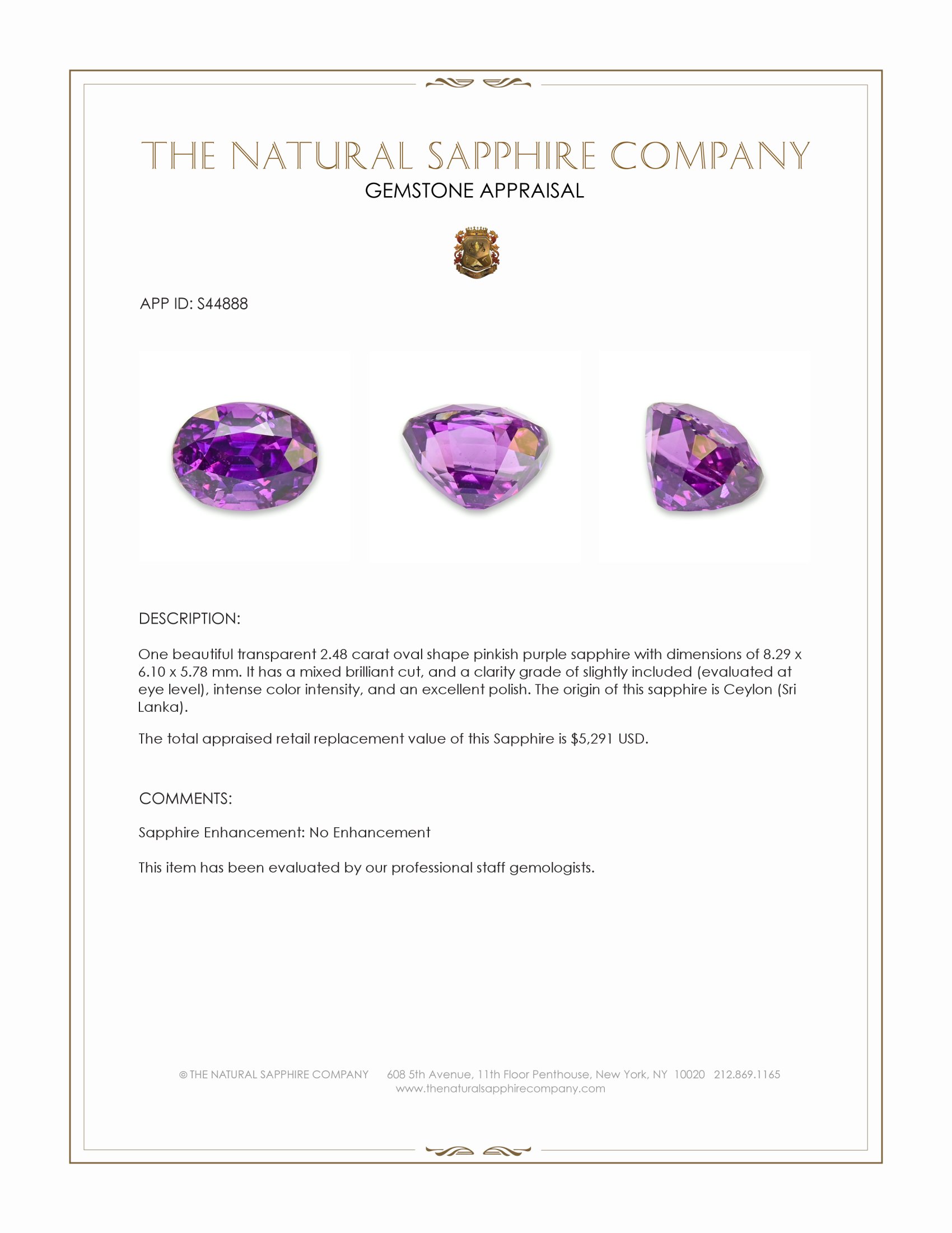 2.48 Ct. Pinkish Purple Sapphire from Ceylon (Sri Lanka)