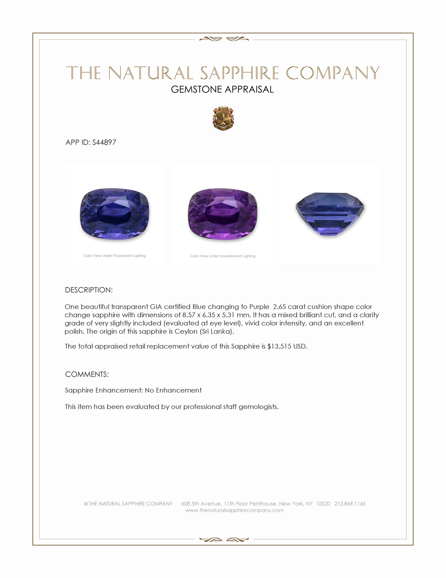 2.65 Ct. Color Change Sapphire from Ceylon (Sri Lanka)