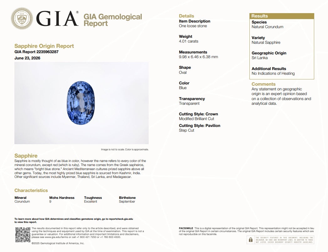4.01 Ct. Blue Sapphire from Ceylon (Sri Lanka)
