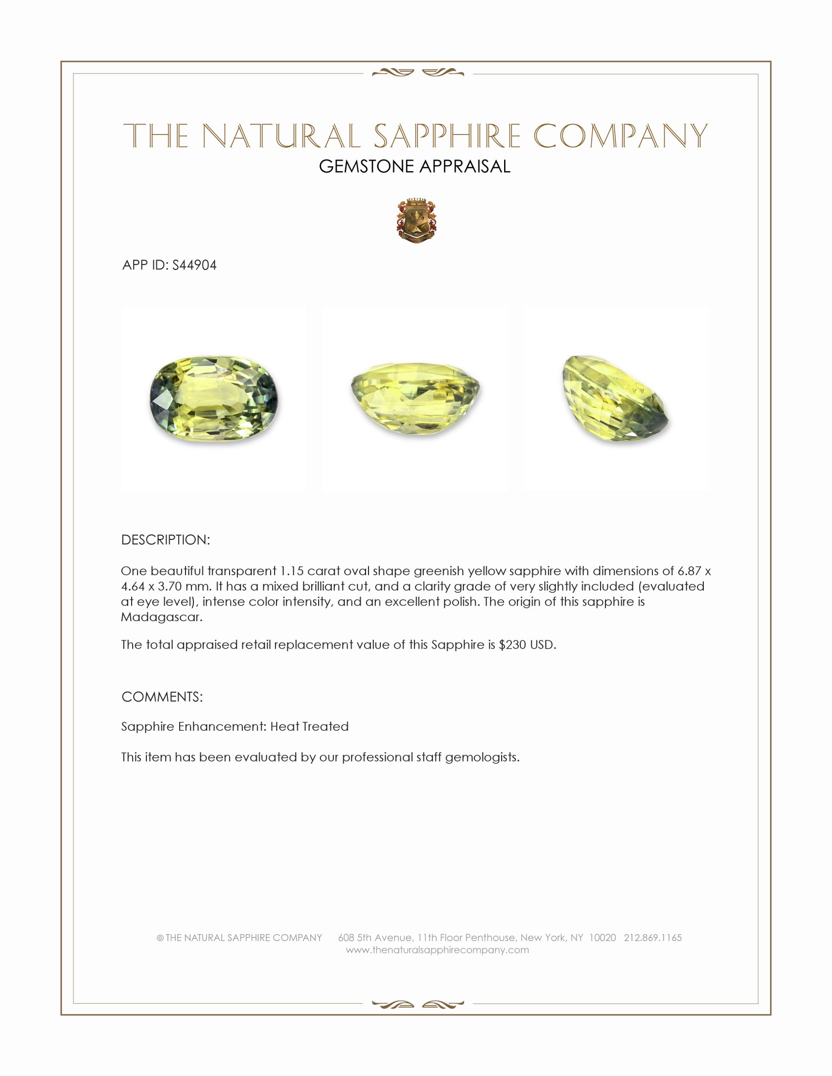 1.15 Ct. Greenish Yellow Sapphire from Madagascar