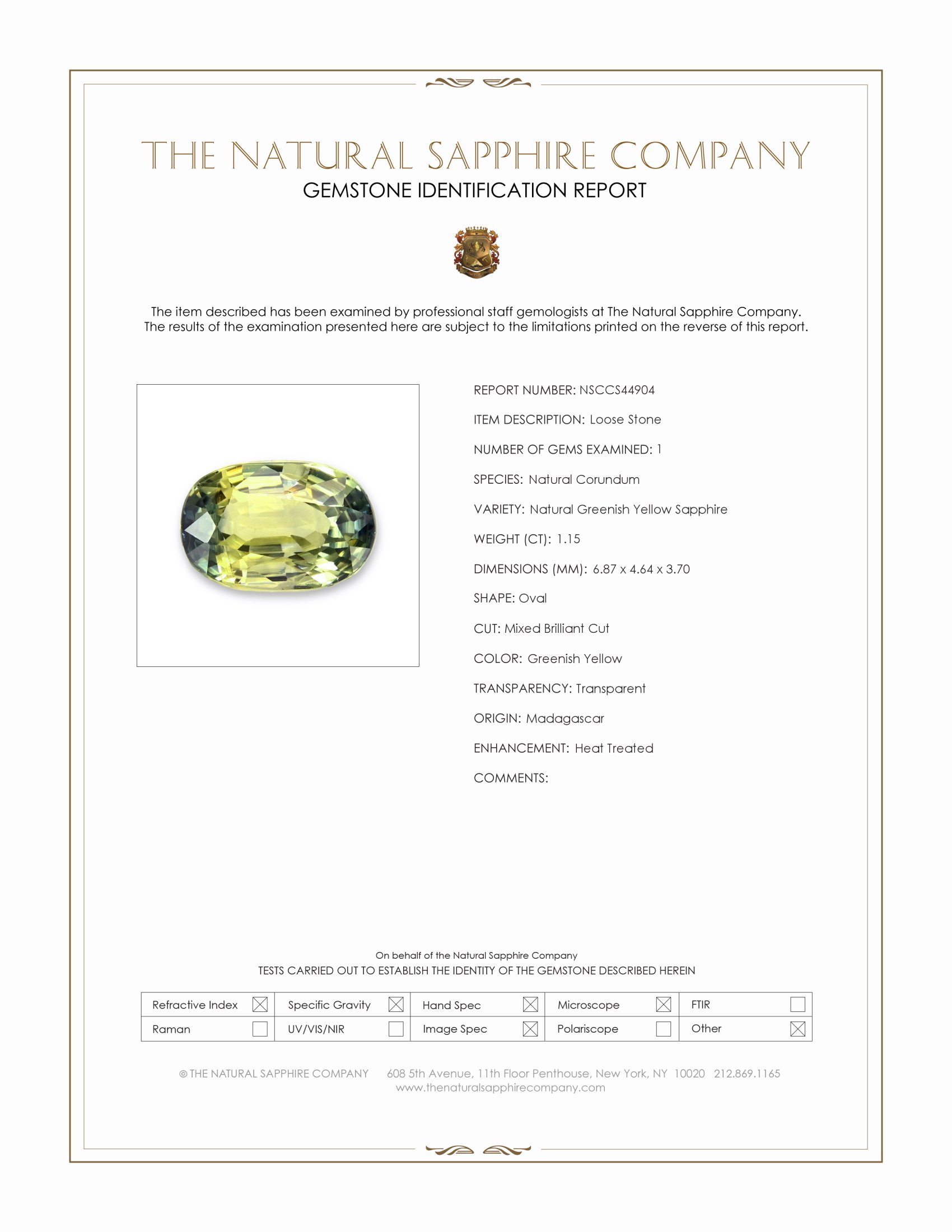 1.15 Ct. Greenish Yellow Sapphire from Madagascar