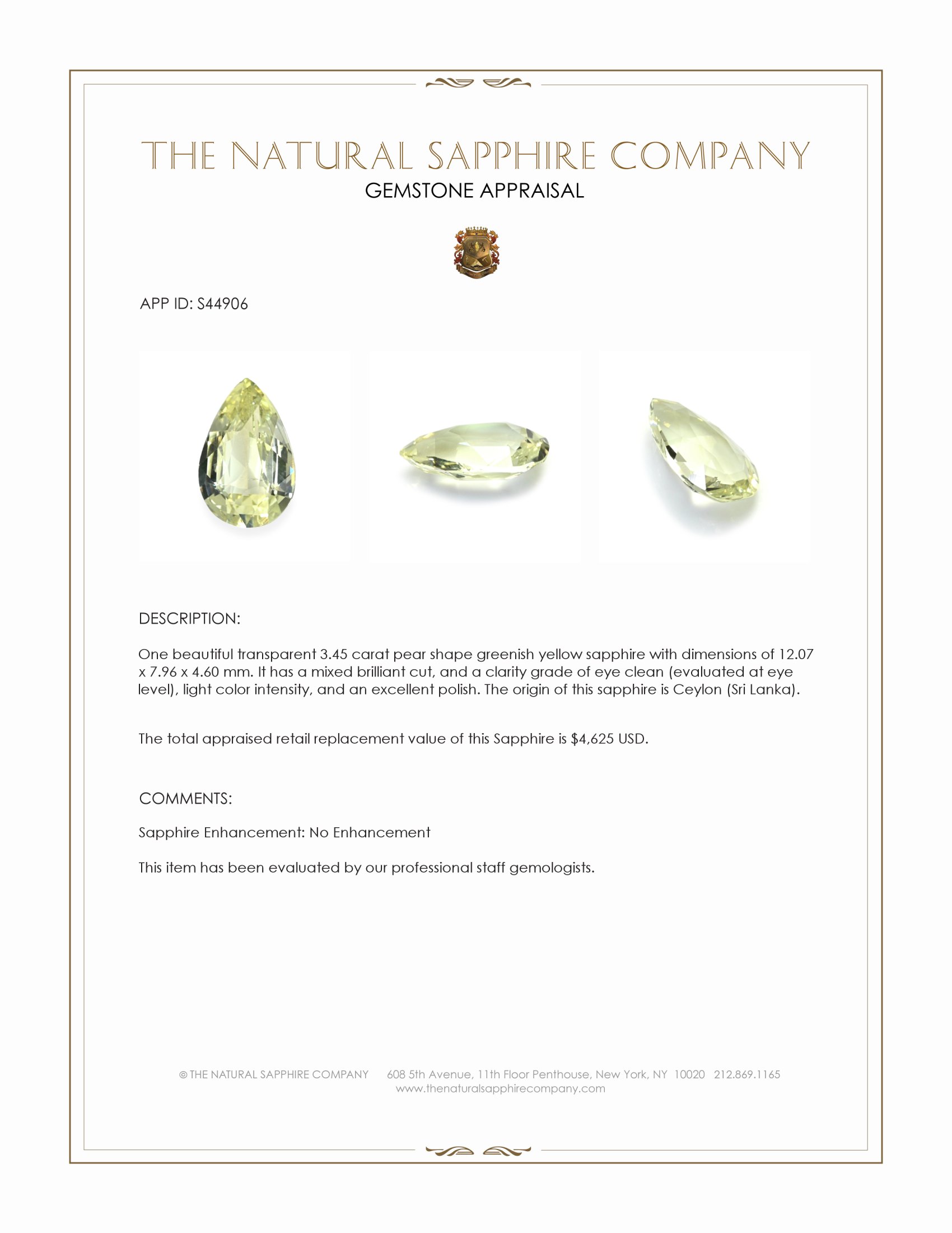 3.45 Ct. Greenish Yellow Sapphire from Ceylon (Sri Lanka)