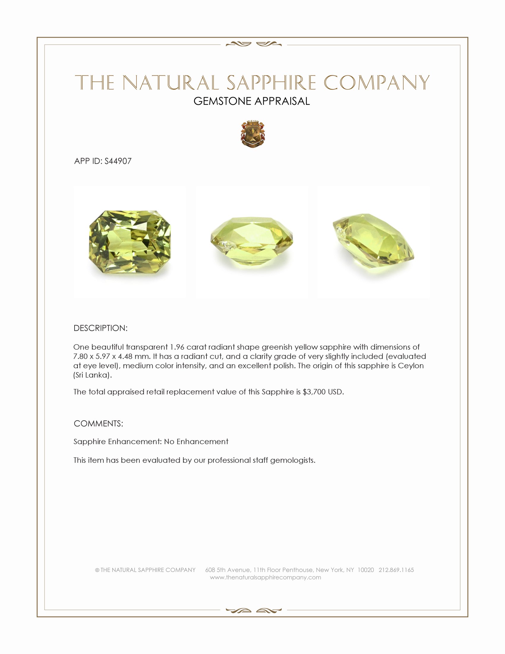 1.96 Ct. Greenish Yellow Sapphire from Ceylon (Sri Lanka)