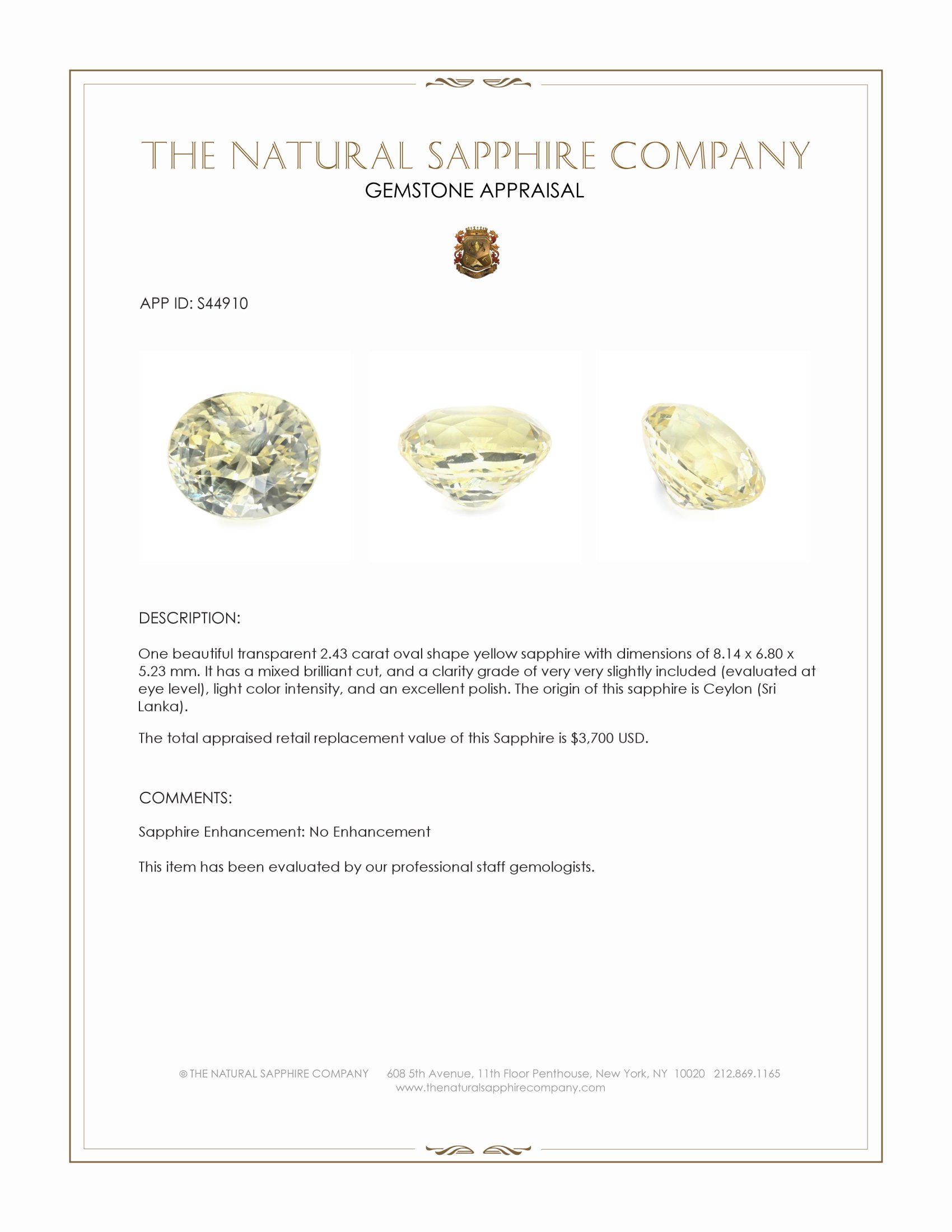 2.43 Ct. Yellow Sapphire from Ceylon (Sri Lanka)