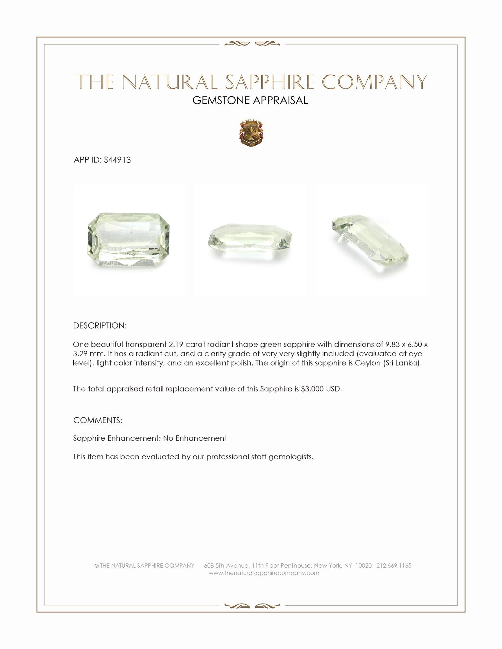 2.19 Ct. Green Sapphire from Ceylon (Sri Lanka)