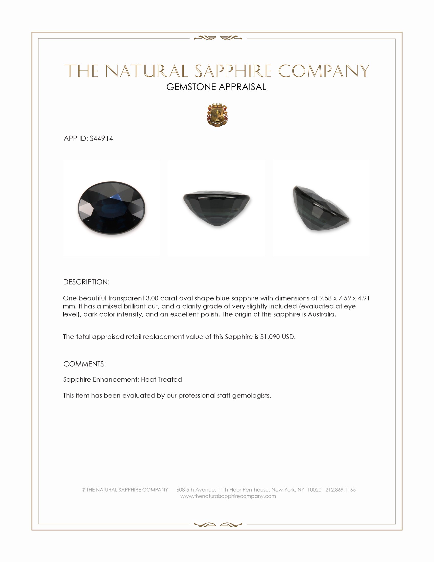 3.00 Ct. Blue Sapphire from Australia