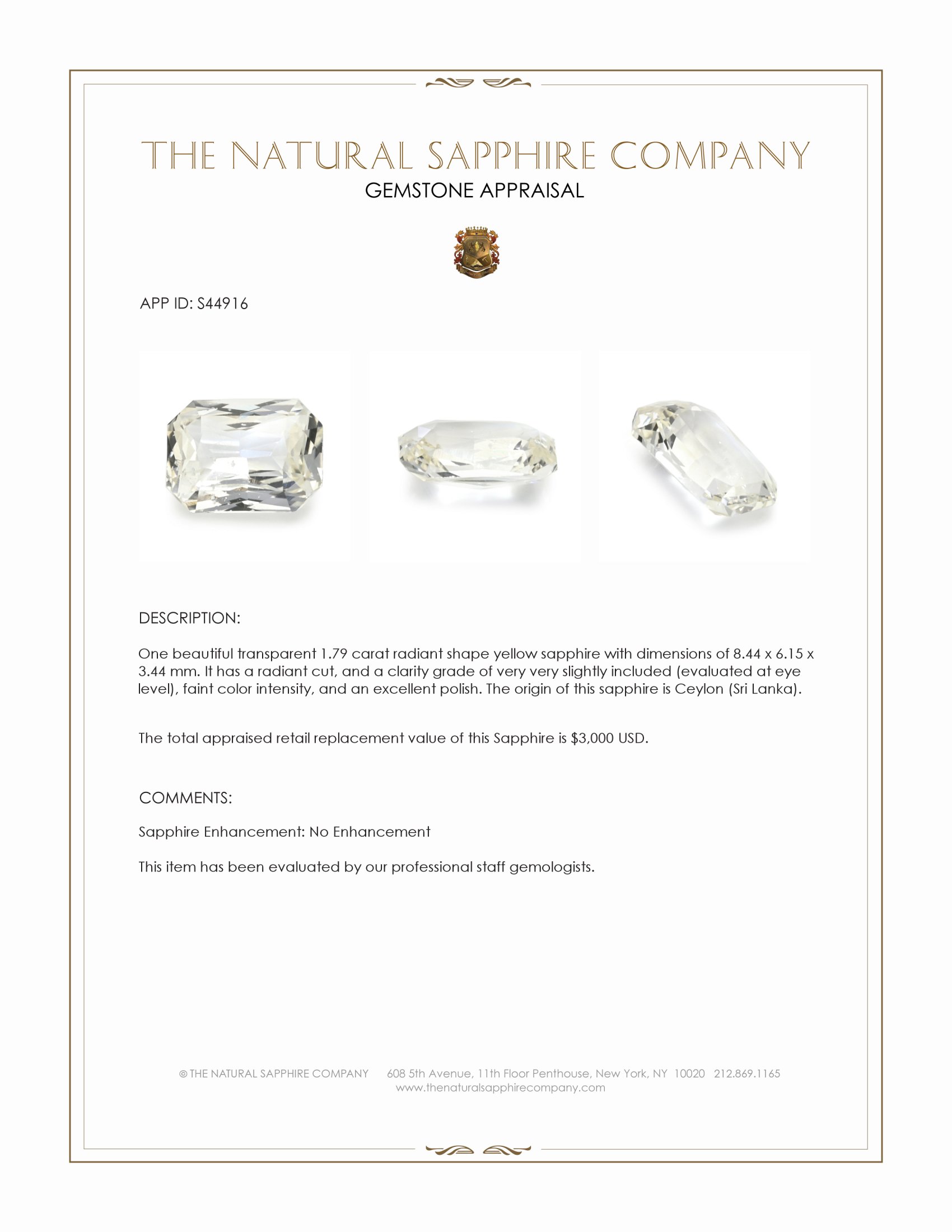 1.79 Ct. Yellow Sapphire from Ceylon (Sri Lanka)