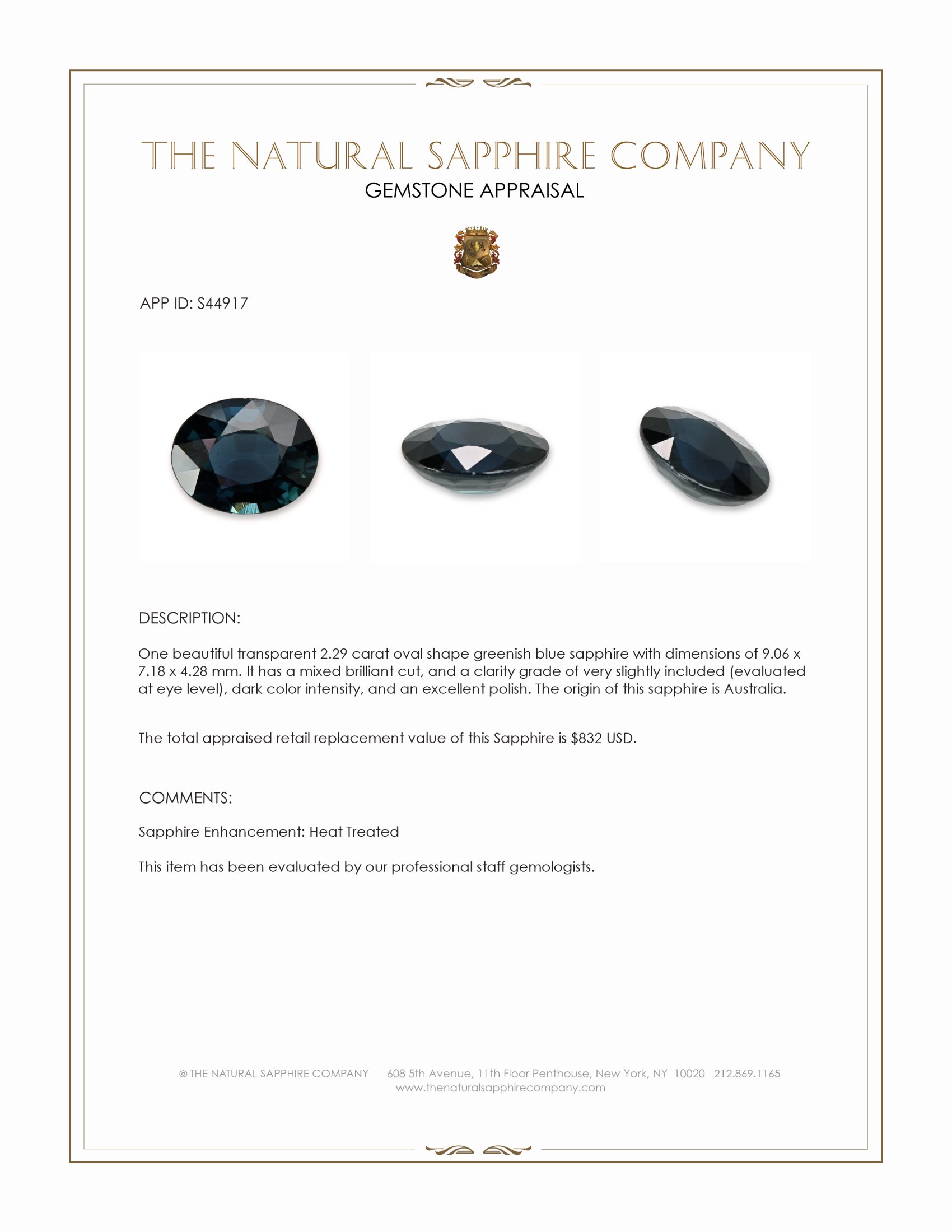 2.29 Ct. Greenish Blue Sapphire from Australia