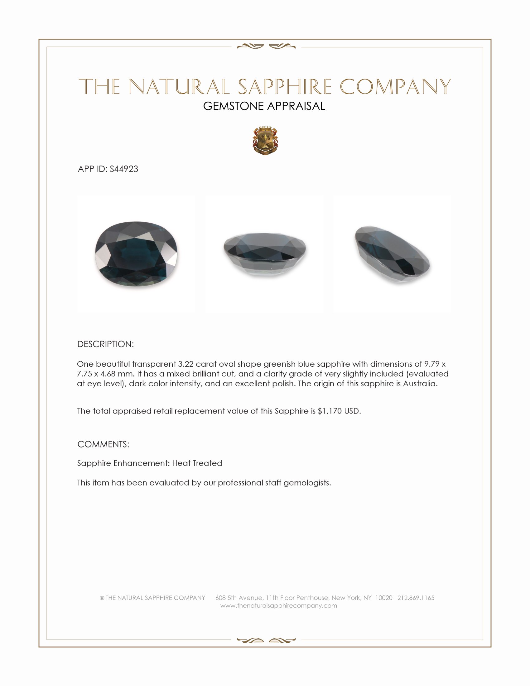 3.22 Ct. Greenish Blue Sapphire from Australia