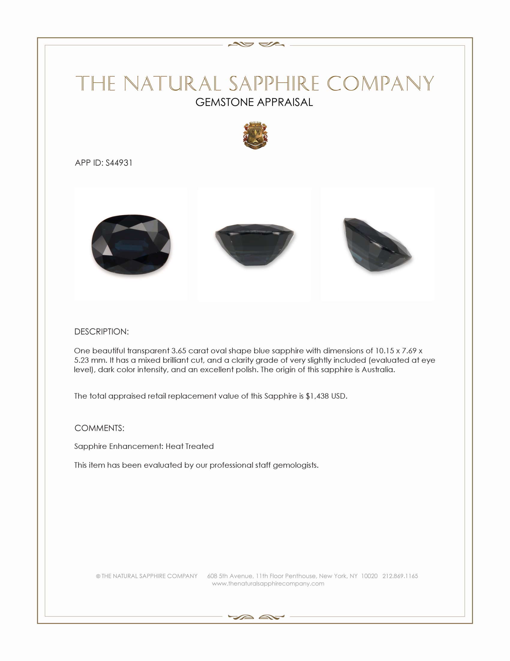 3.65 Ct. Blue Sapphire from Australia