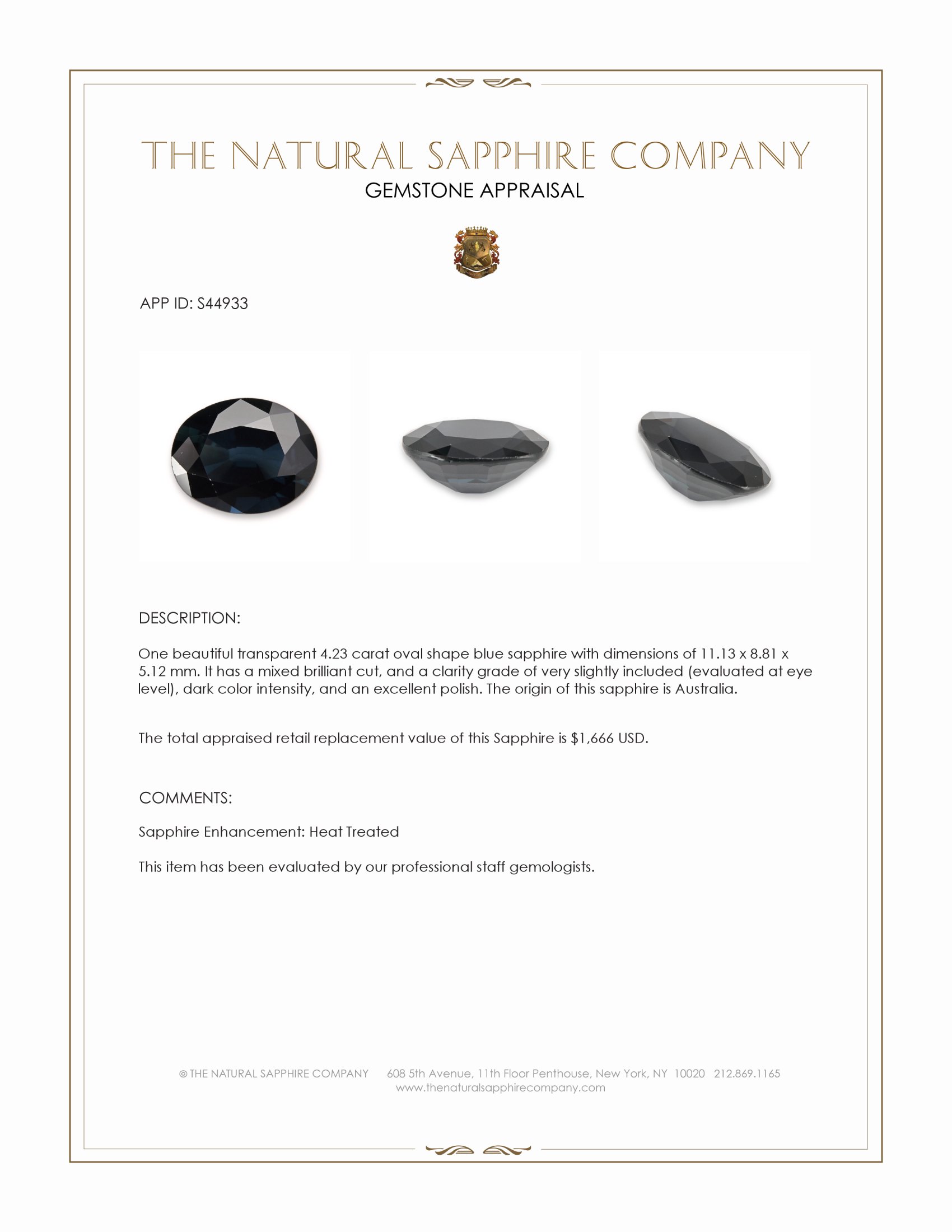 4.23 Ct. Blue Sapphire from Australia