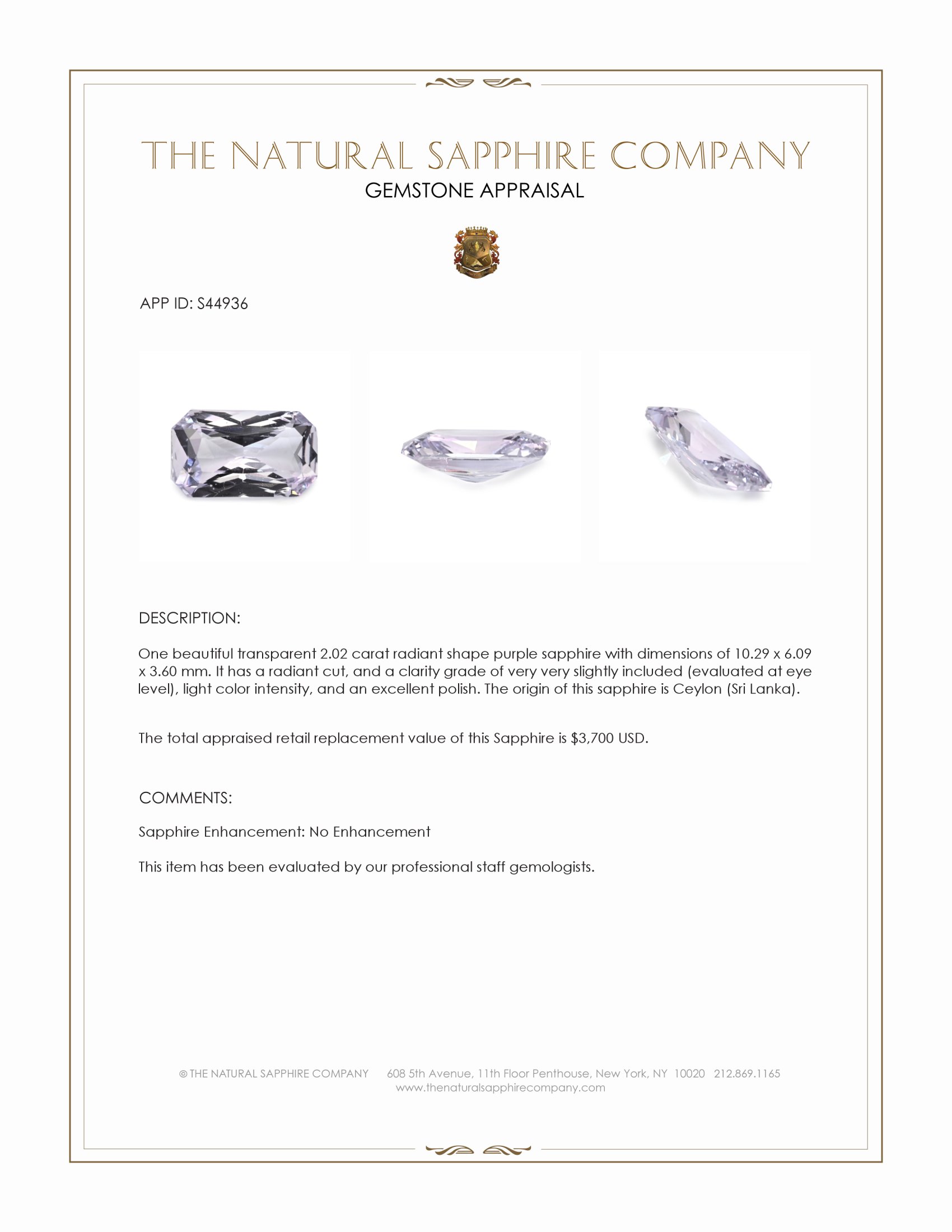 2.02 Ct. Purple Sapphire from Ceylon (Sri Lanka)