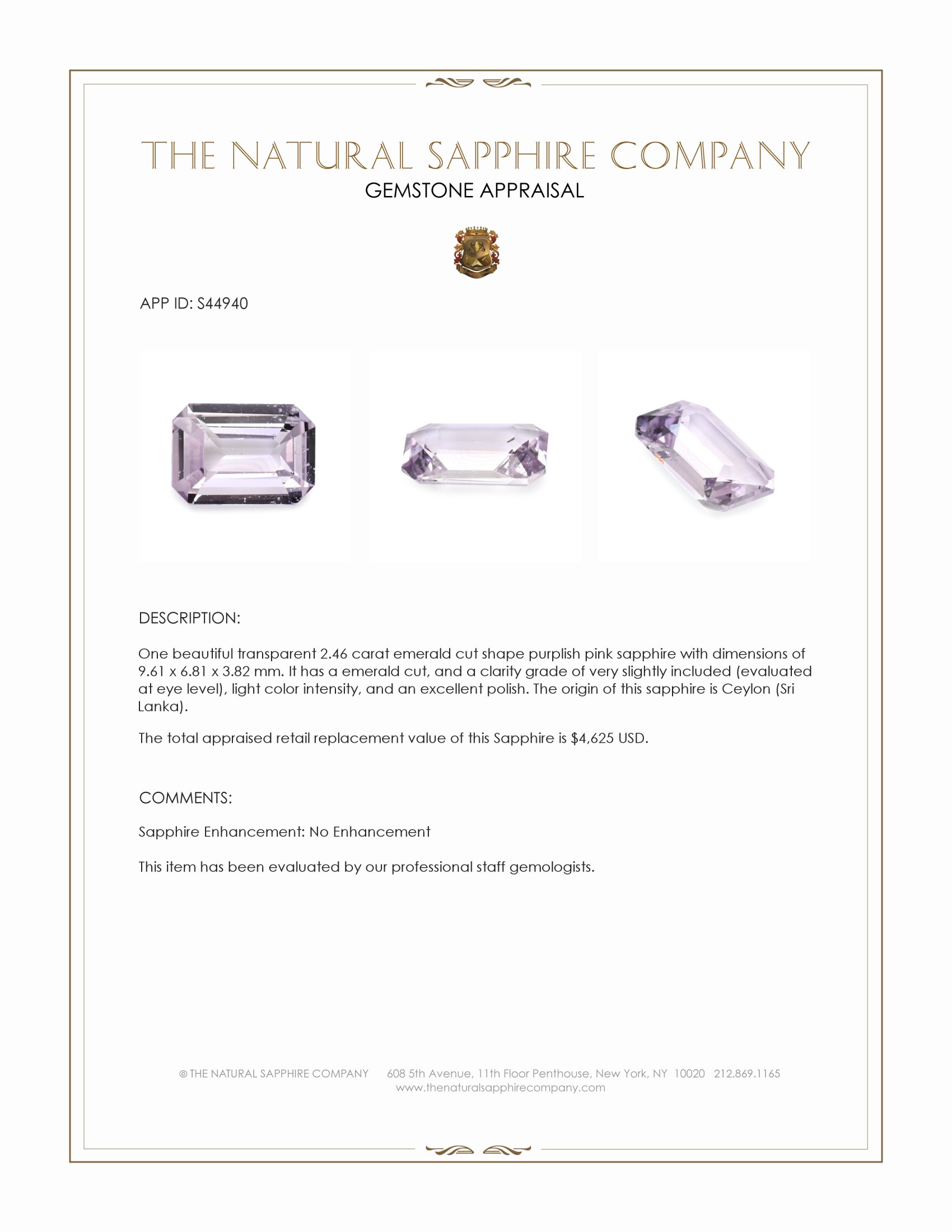 2.46 Ct. Purplish Pink Sapphire from Ceylon (Sri Lanka)