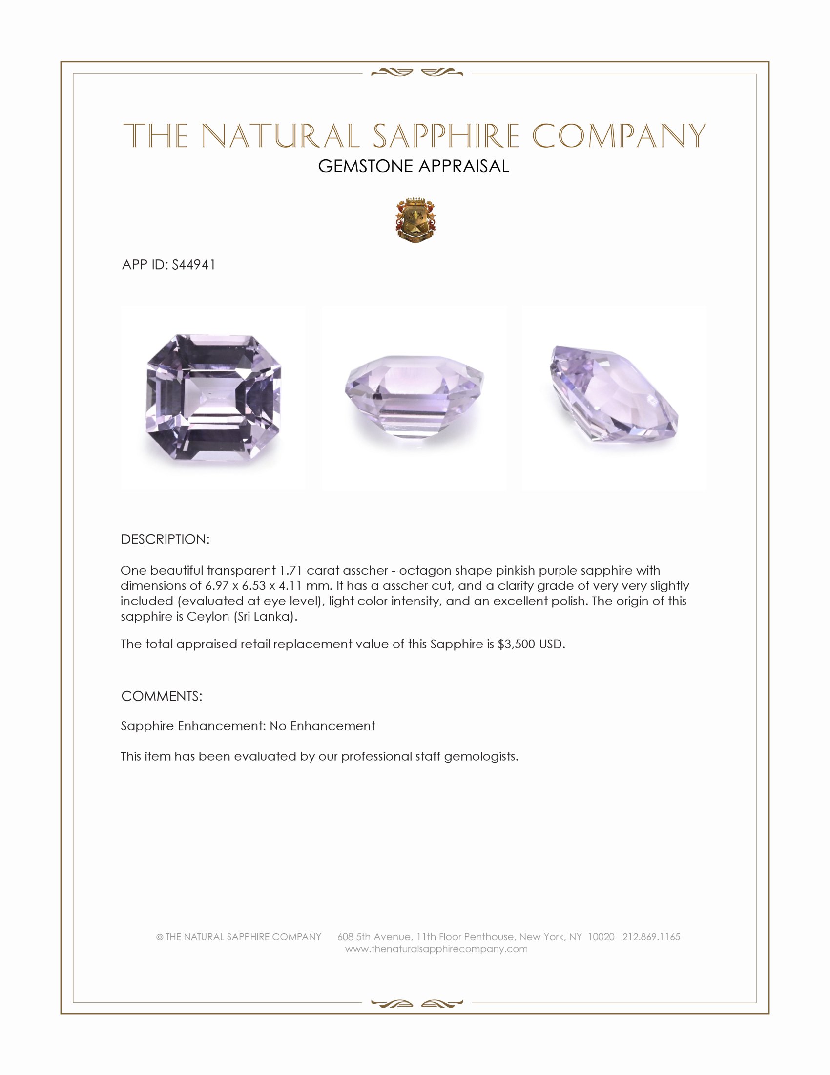1.71 Ct. Pinkish Purple Sapphire from Ceylon (Sri Lanka)