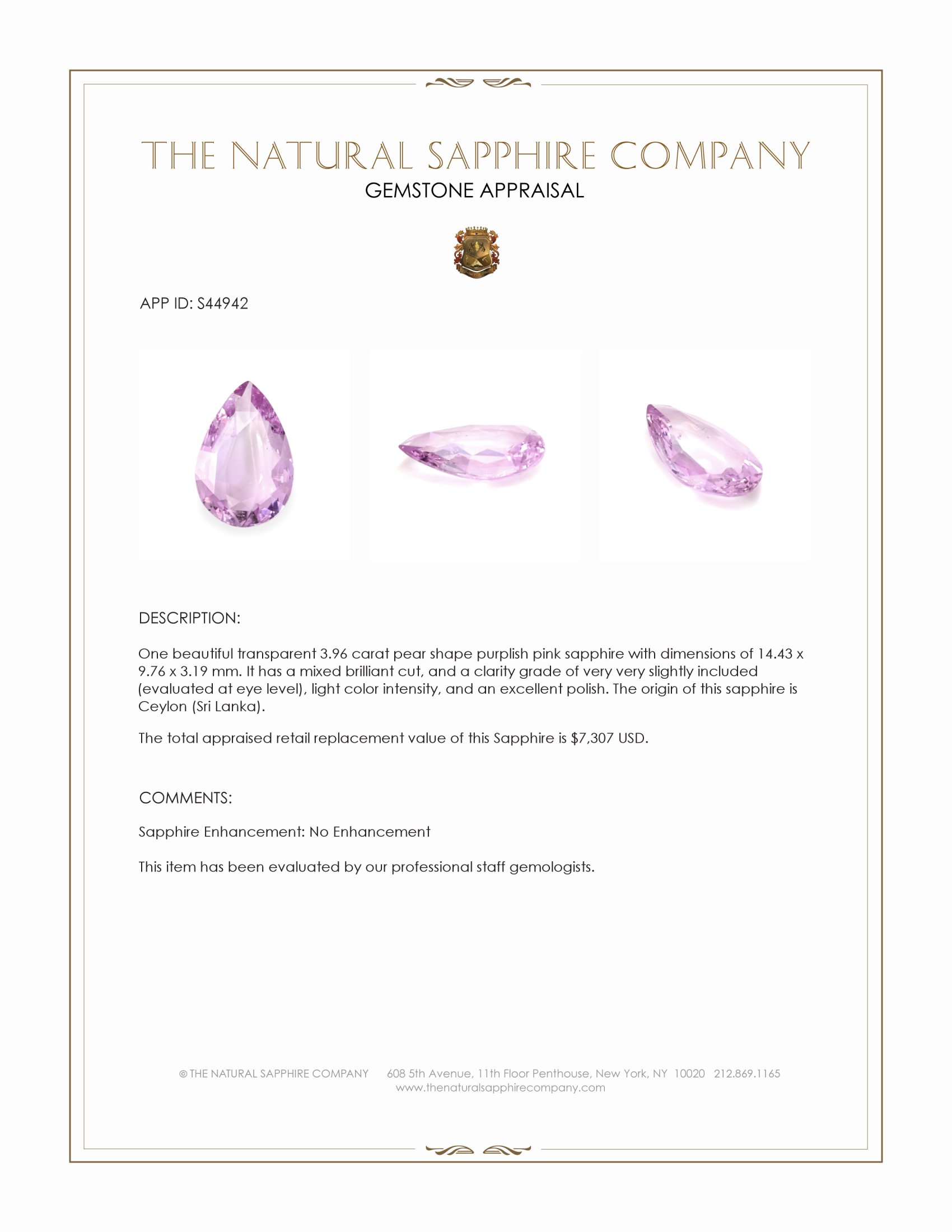 3.96 Ct. Purplish Pink Sapphire from Ceylon (Sri Lanka)