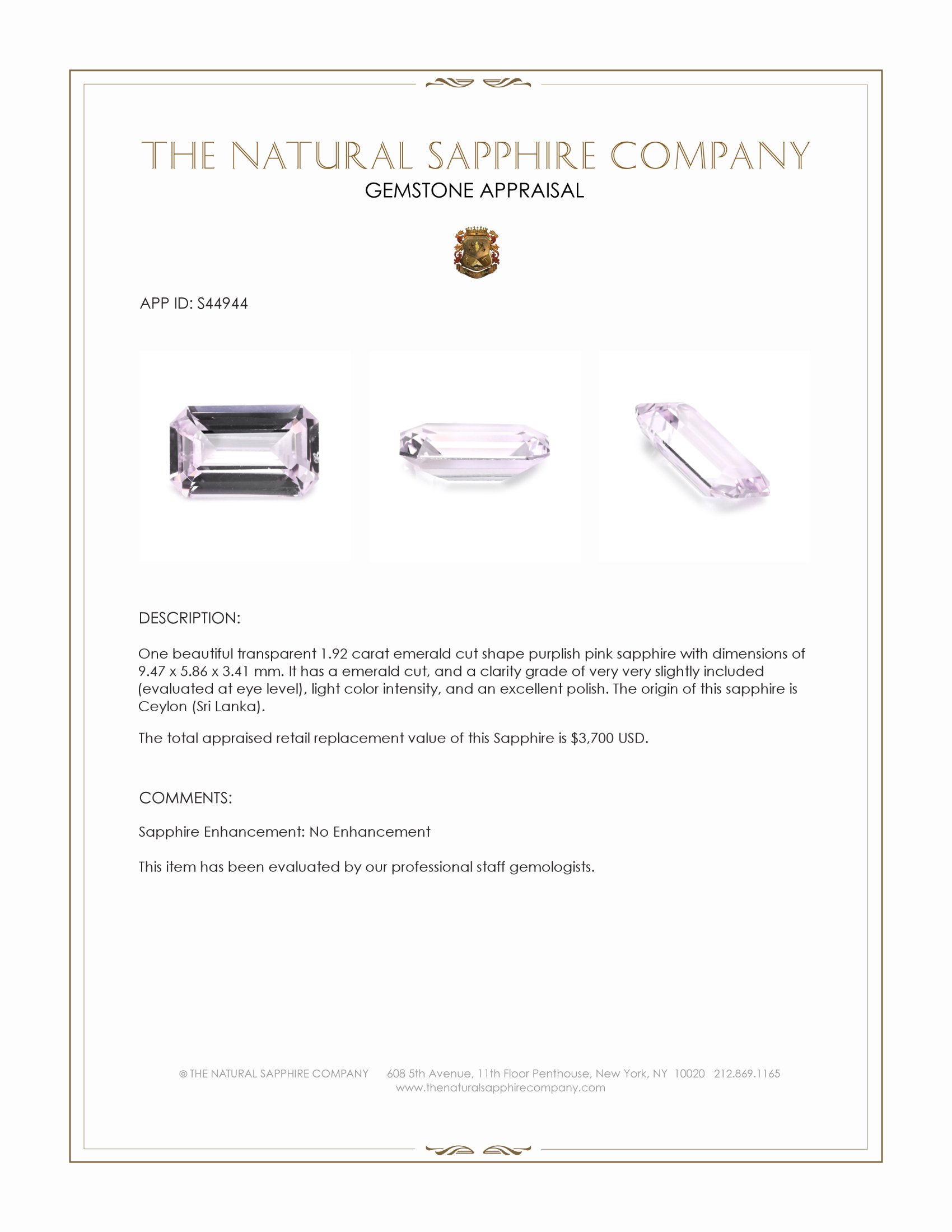 1.92 Ct. Purplish Pink Sapphire from Ceylon (Sri Lanka)