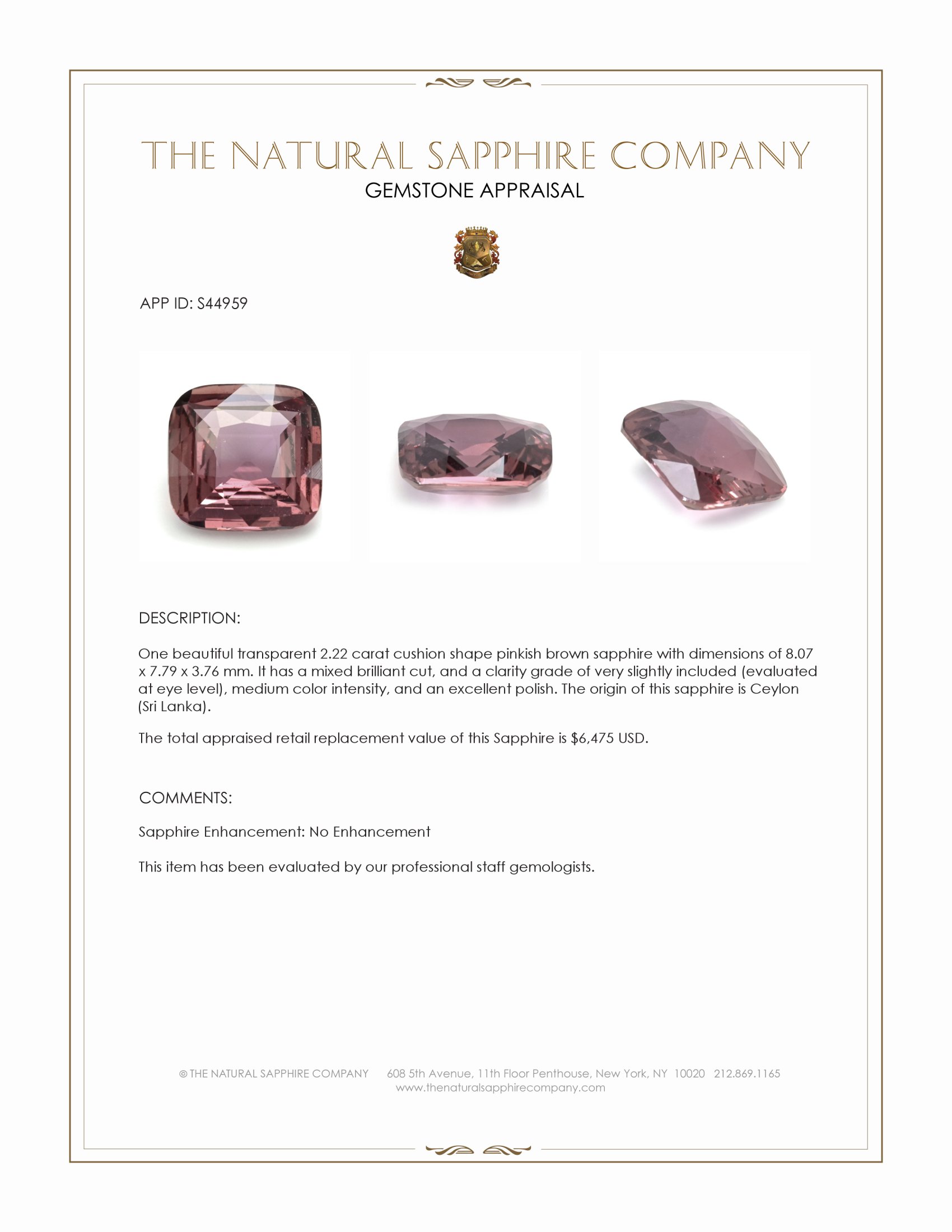 2.22 Ct. Pinkish Brown Sapphire from Ceylon (Sri Lanka)