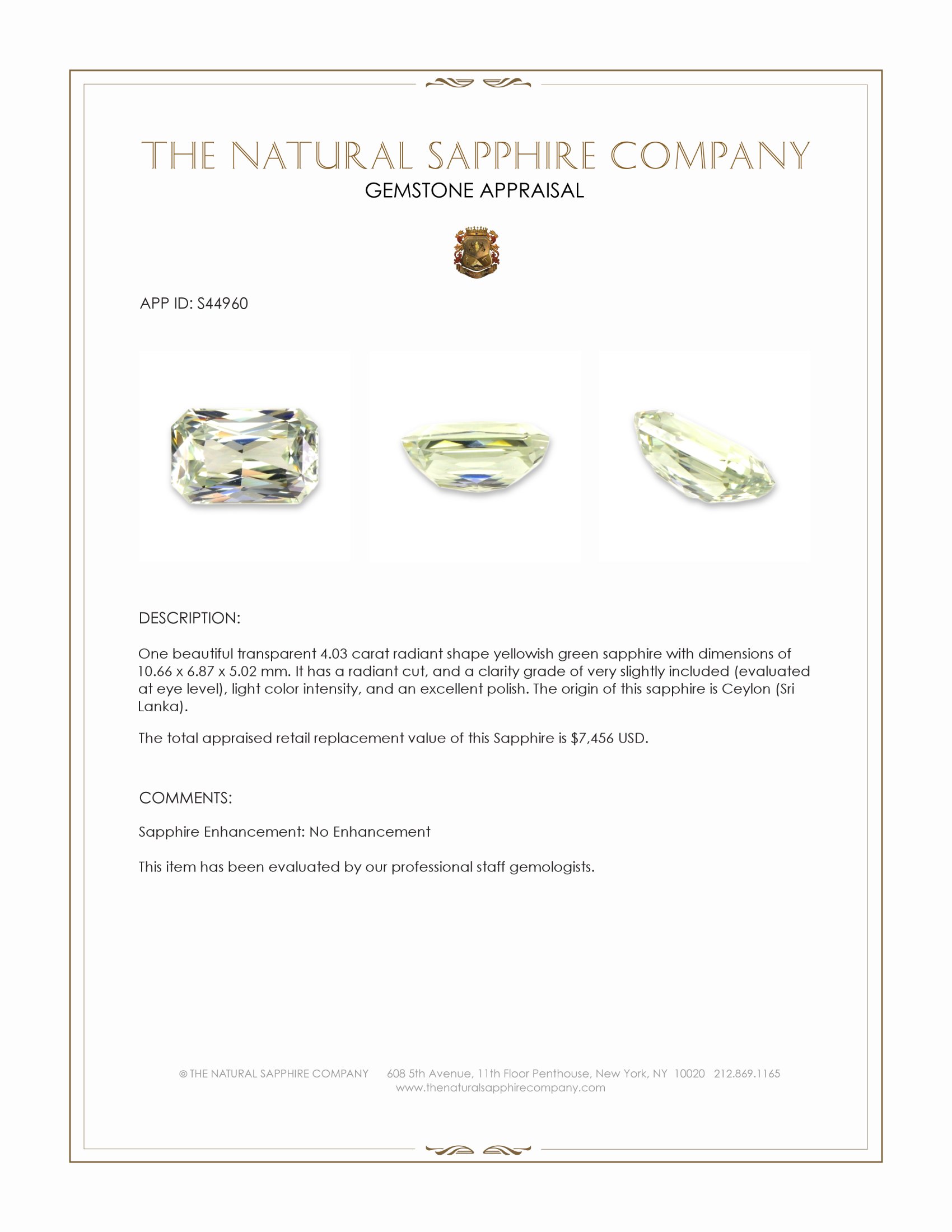 4.03 Ct. Yellowish Green Sapphire from Ceylon (Sri Lanka)